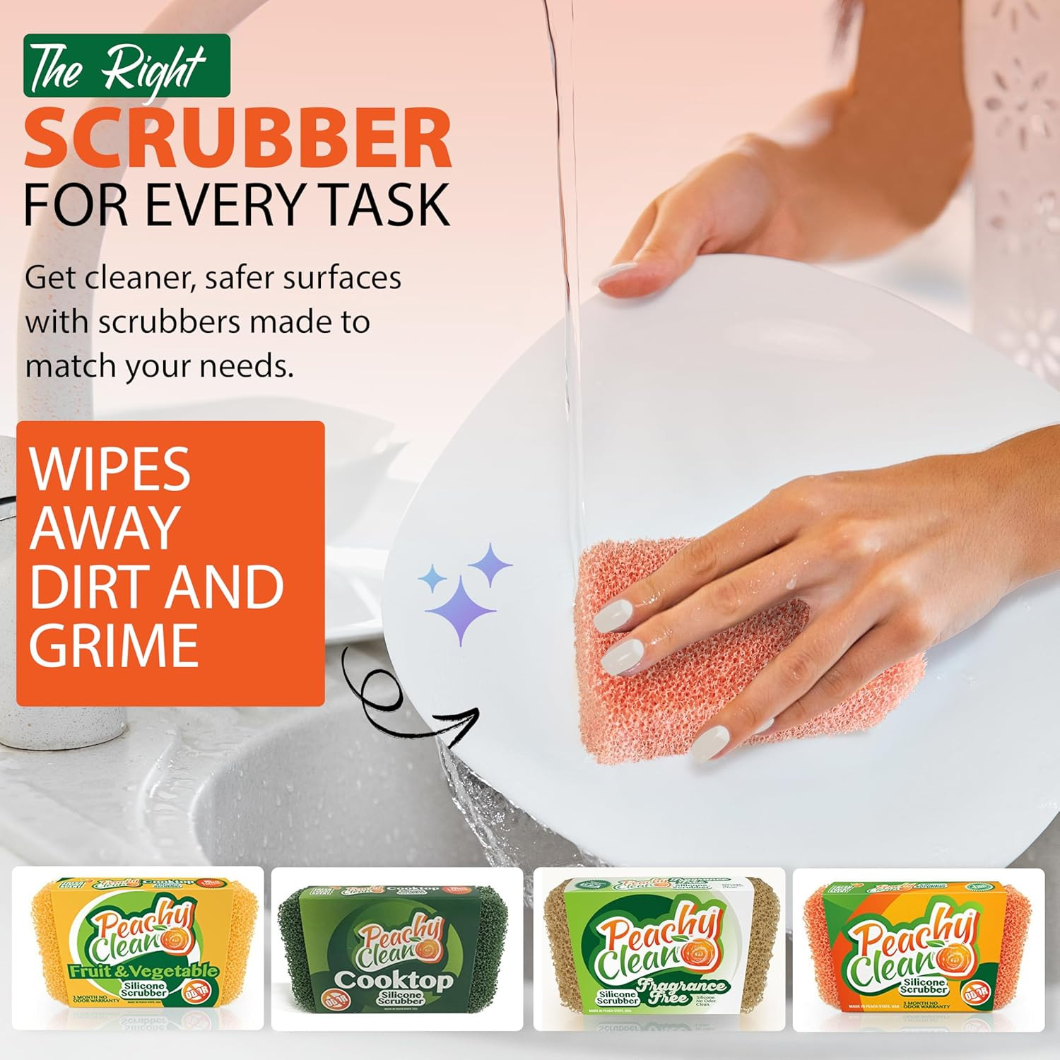 Silicone Dish Sponge Scrubbers, Fresh Peach Scent, Non-Scratch, Odor-Resistant,