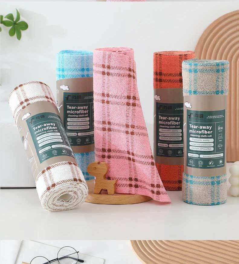 Orange Plaid Tear Away Microfiber Cleaning Cloth Roll 20 Sheets 25x25cm Reusable