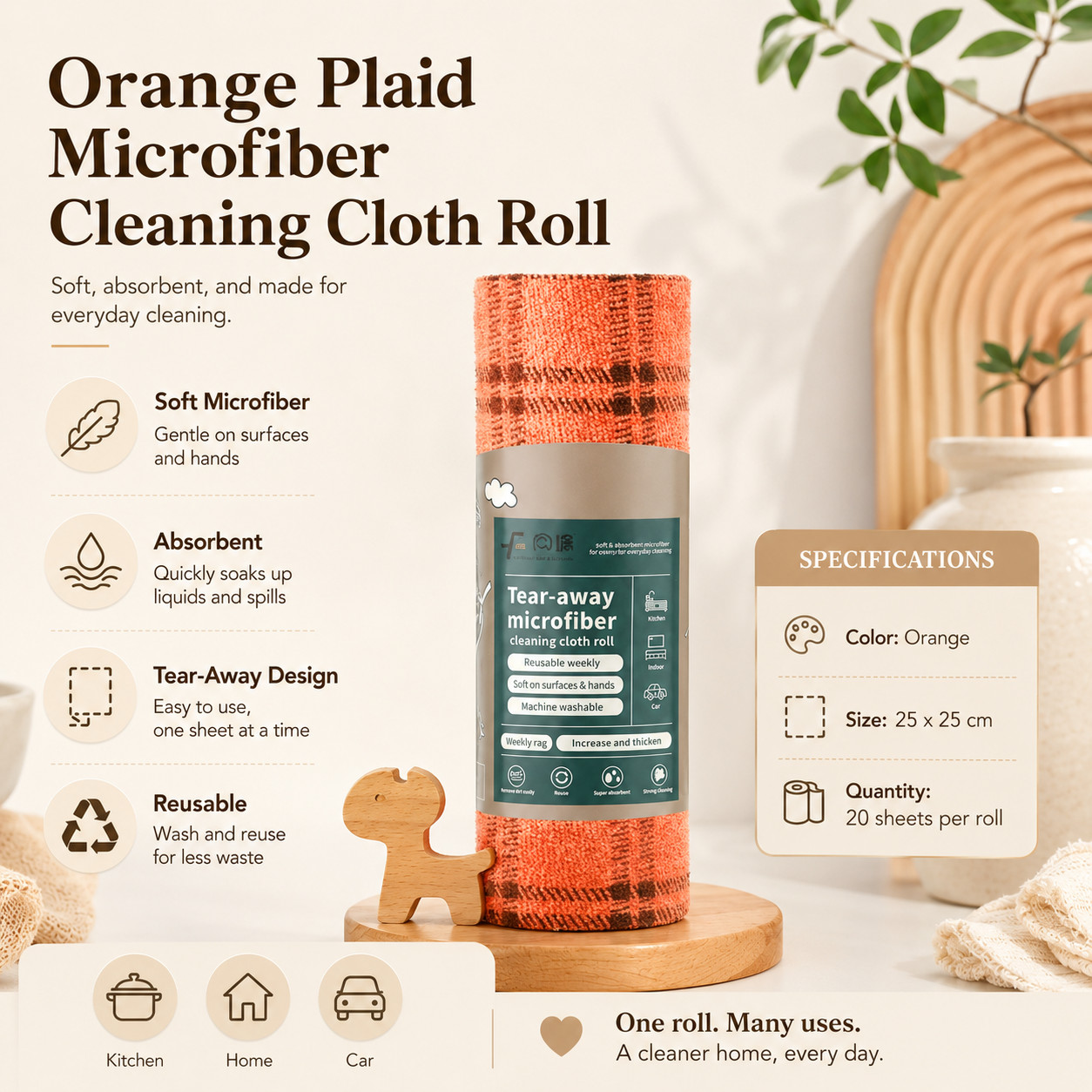 Orange Plaid Tear Away Microfiber Cleaning Cloth Roll 20 Sheets 25x25cm Reusable