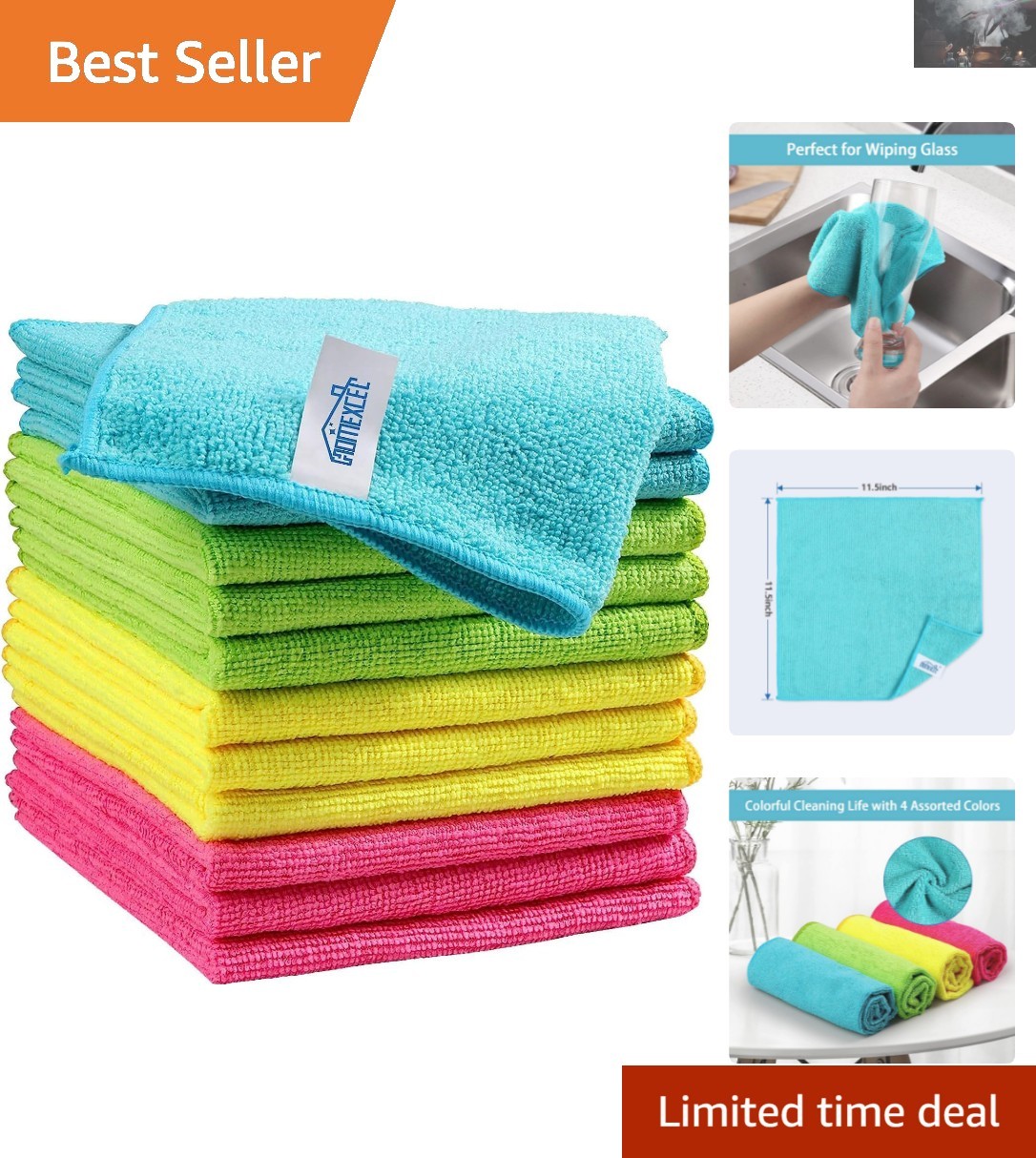 Eco-Friendly 12 Pack Microfiber Cleaning Cloths – 4 Assorted Colors, 11.5″x11.5″