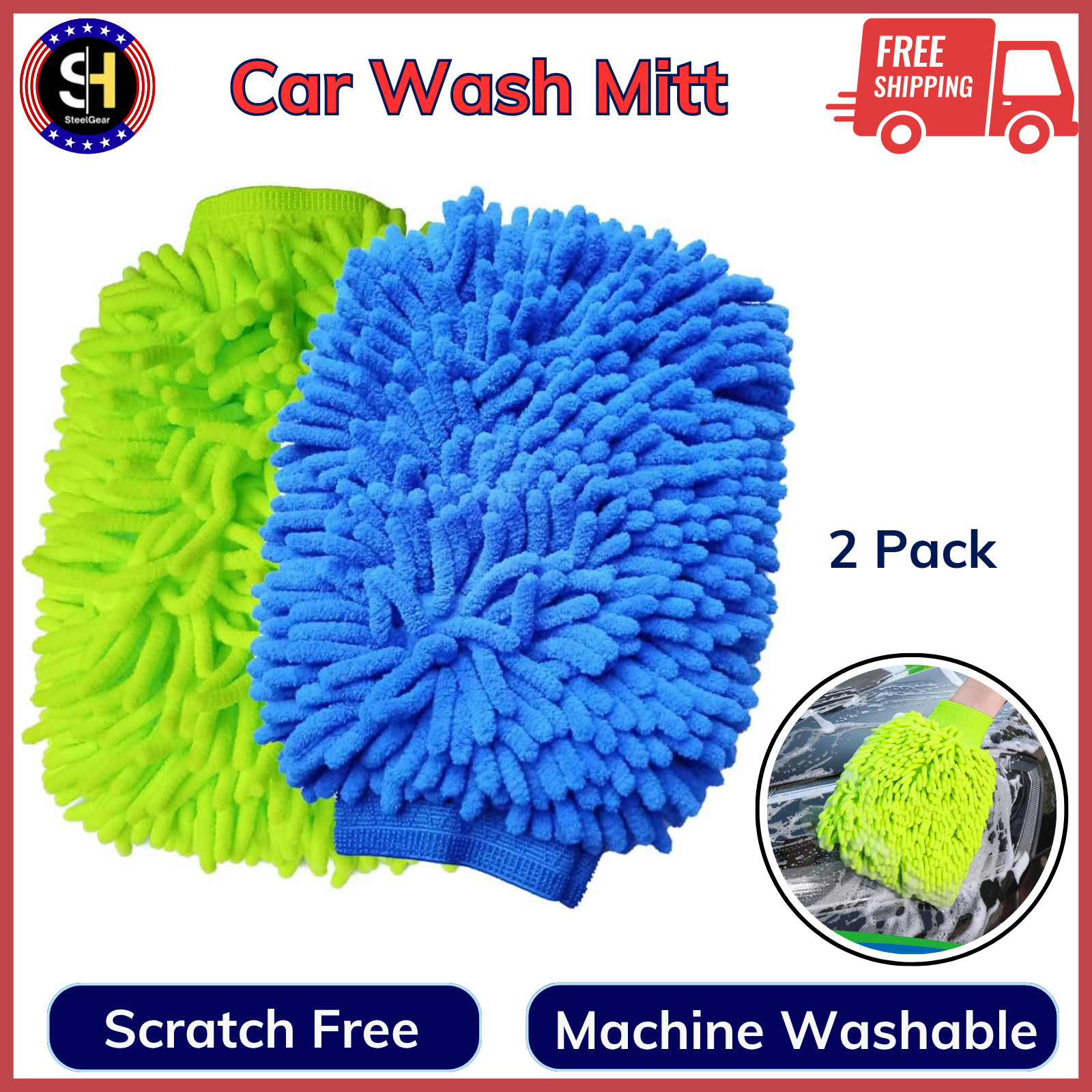 2 Pack Car Wash Mitt Microfiber Chenille Car Wash Mitt Scratch Free For Cars