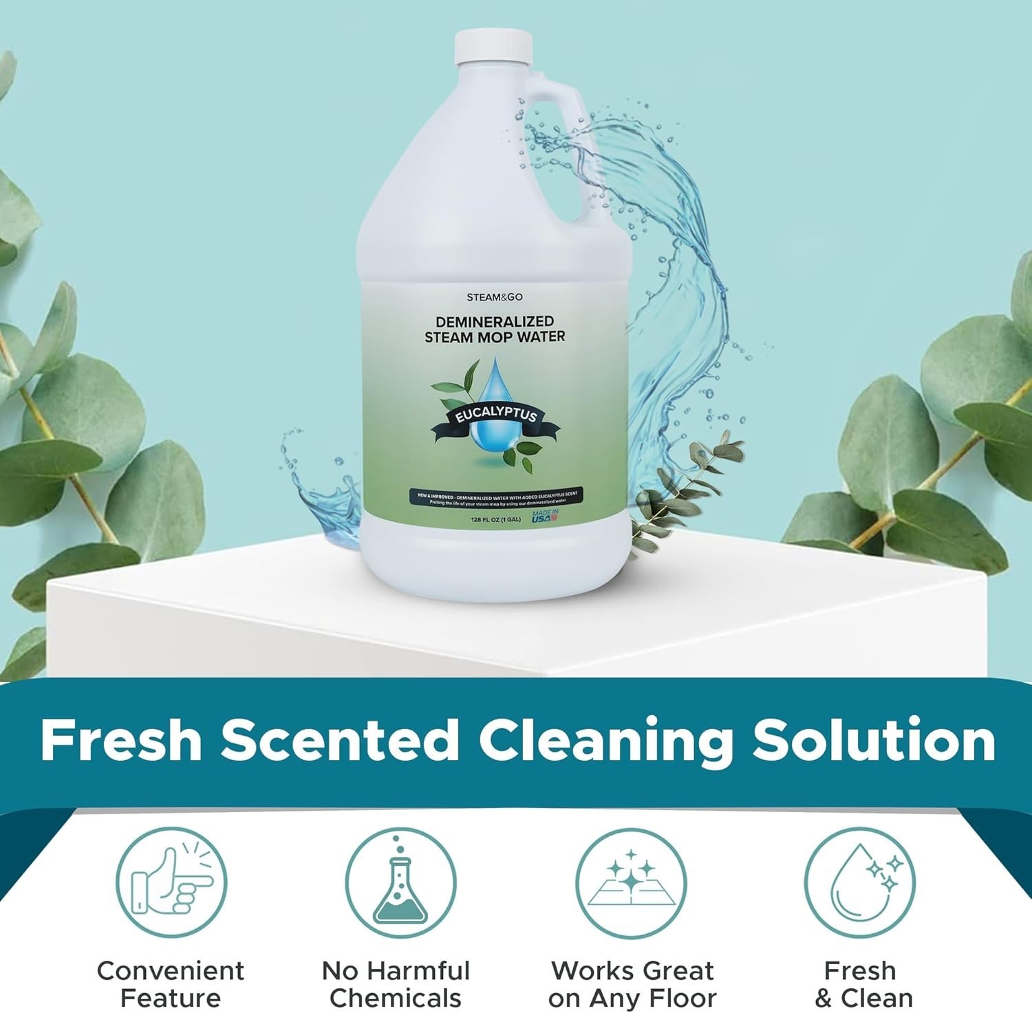 Eco-Friendly 128 oz Steam Mop Water – Eucalyptus Mint Scent, No Harsh Chemicals