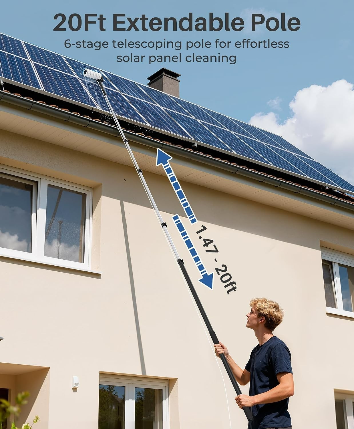 Electric Solar Panel Cleaning Brush and Pole Kit, 20Ft Extendable Washing Kit…