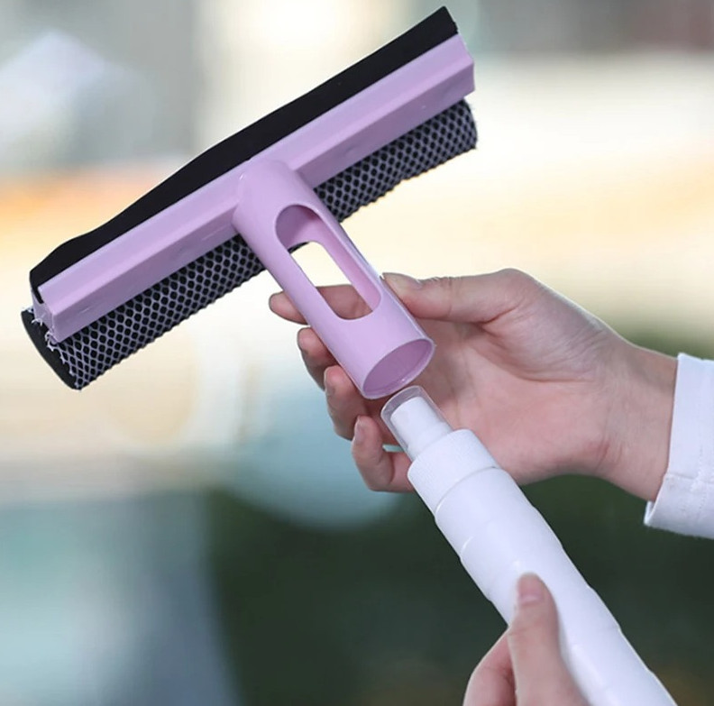 1pc 3-in-1 Window Cleaning Brush with Spray & Squeegee Glass Cleaner – NEW