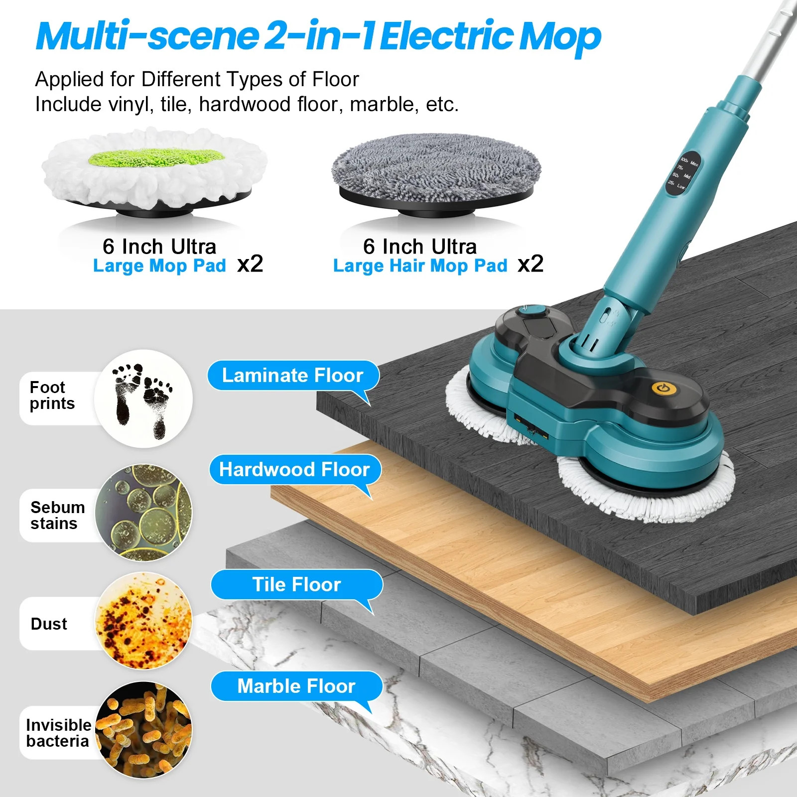 Amiluo Cordless Electric Mop, Dual-Motor Power Spin Mop for Floor Cleaning with