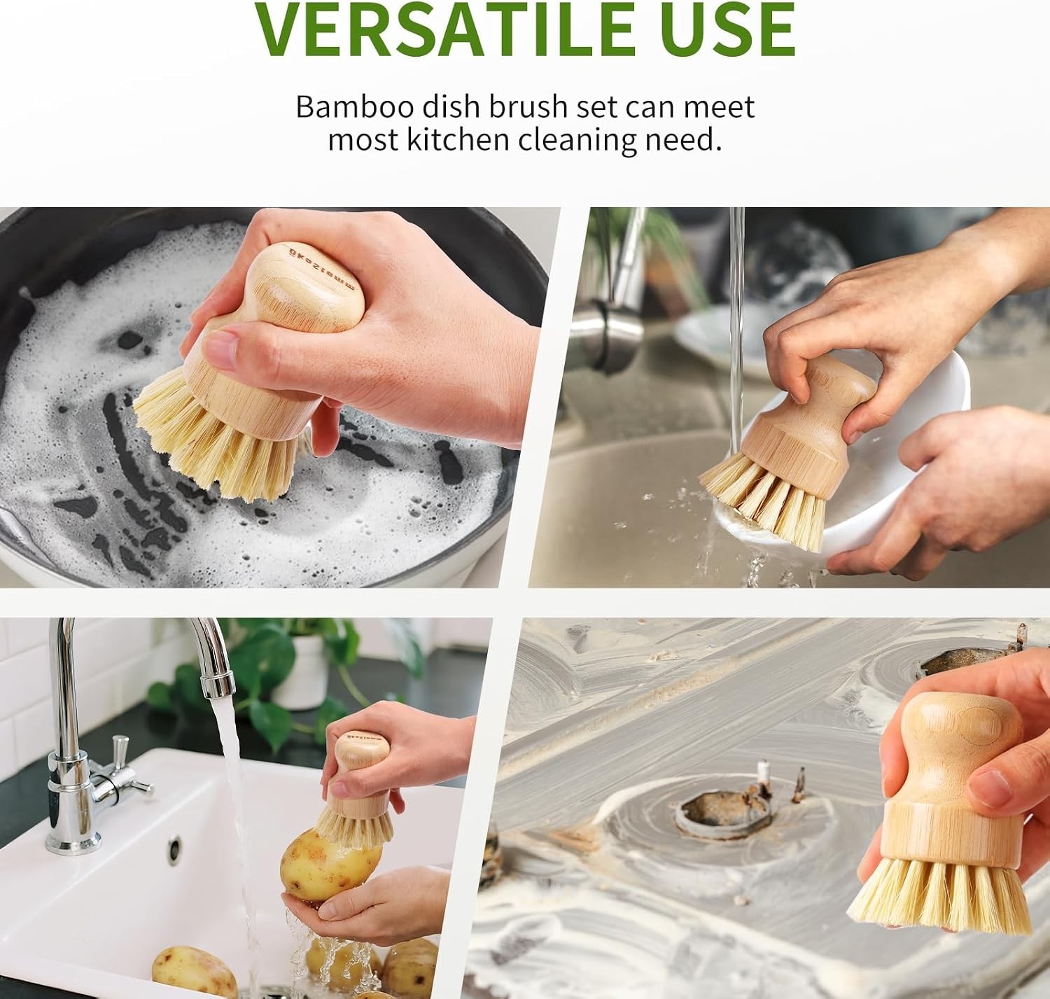 4 Pack Bamboo Dish Brush, Dish Scrubber Brush with Sisal Bristle, Natural Scr…