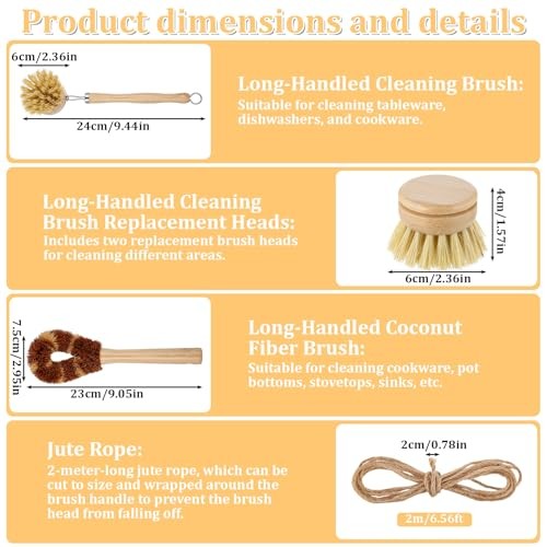 9 Pcs Bamboo Dish Brush Set Wooden with Sisal and Palm Fiber