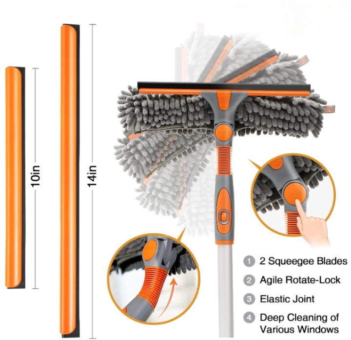 Limpiacristales 89” 2 en 1 giratorio con mango extensible y cabeza flexible