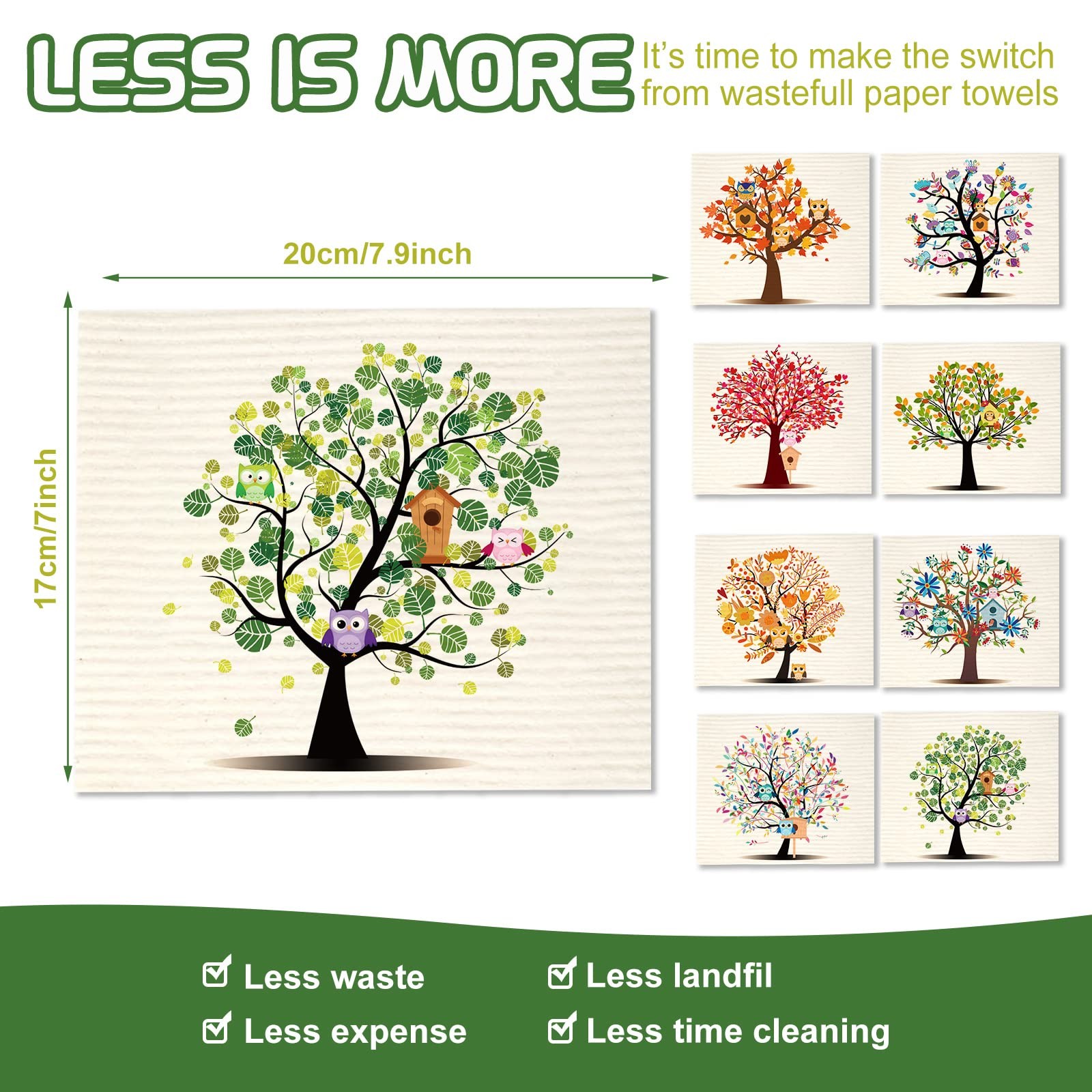 8 Pieces Swedish Kitchen Dishcloths Mixed Trees Owls Washable Reusable Sponge…