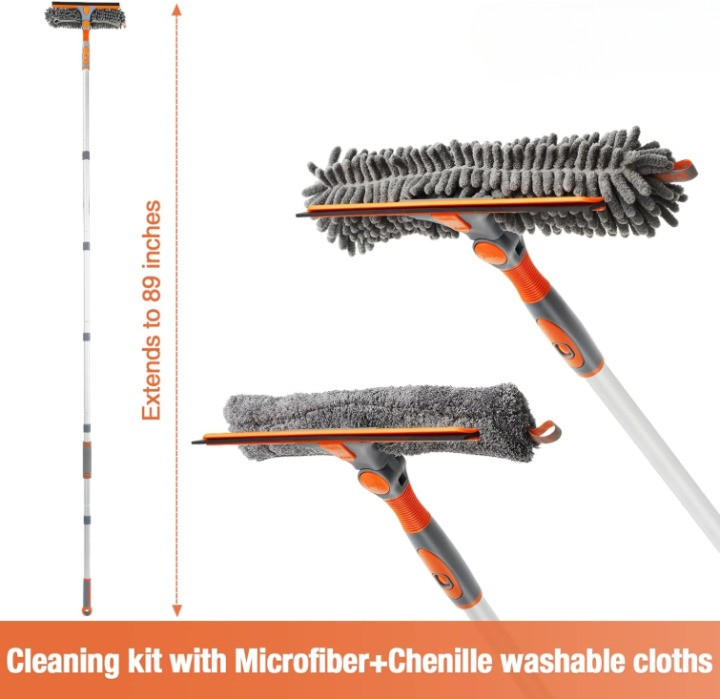 Limpiacristales 89” 2 en 1 giratorio con mango extensible y cabeza flexible