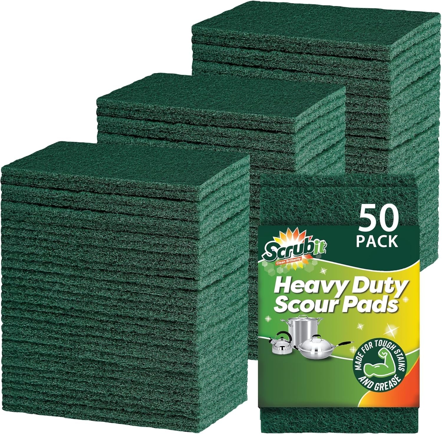 Heavy Duty Scouring Pads, Non-Scratch, Reusable, Green, 50 Count