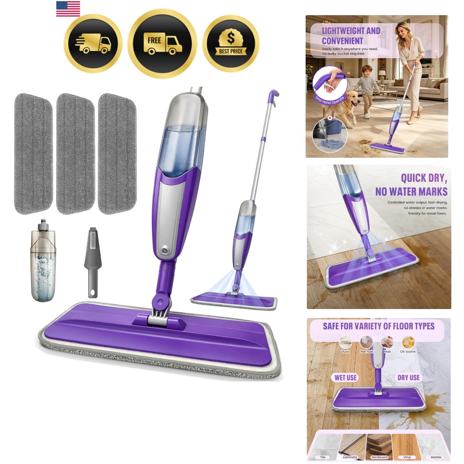 Spray Mop for Hardwood Floors Cleaning with 3 Washable Pads, Microfiber Wet M…