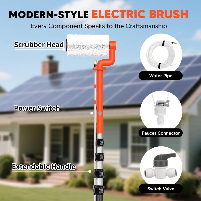 Electric Solar Panel Cleaning Brush: 20FT Adjustable Water Fed Pole Solar Kit