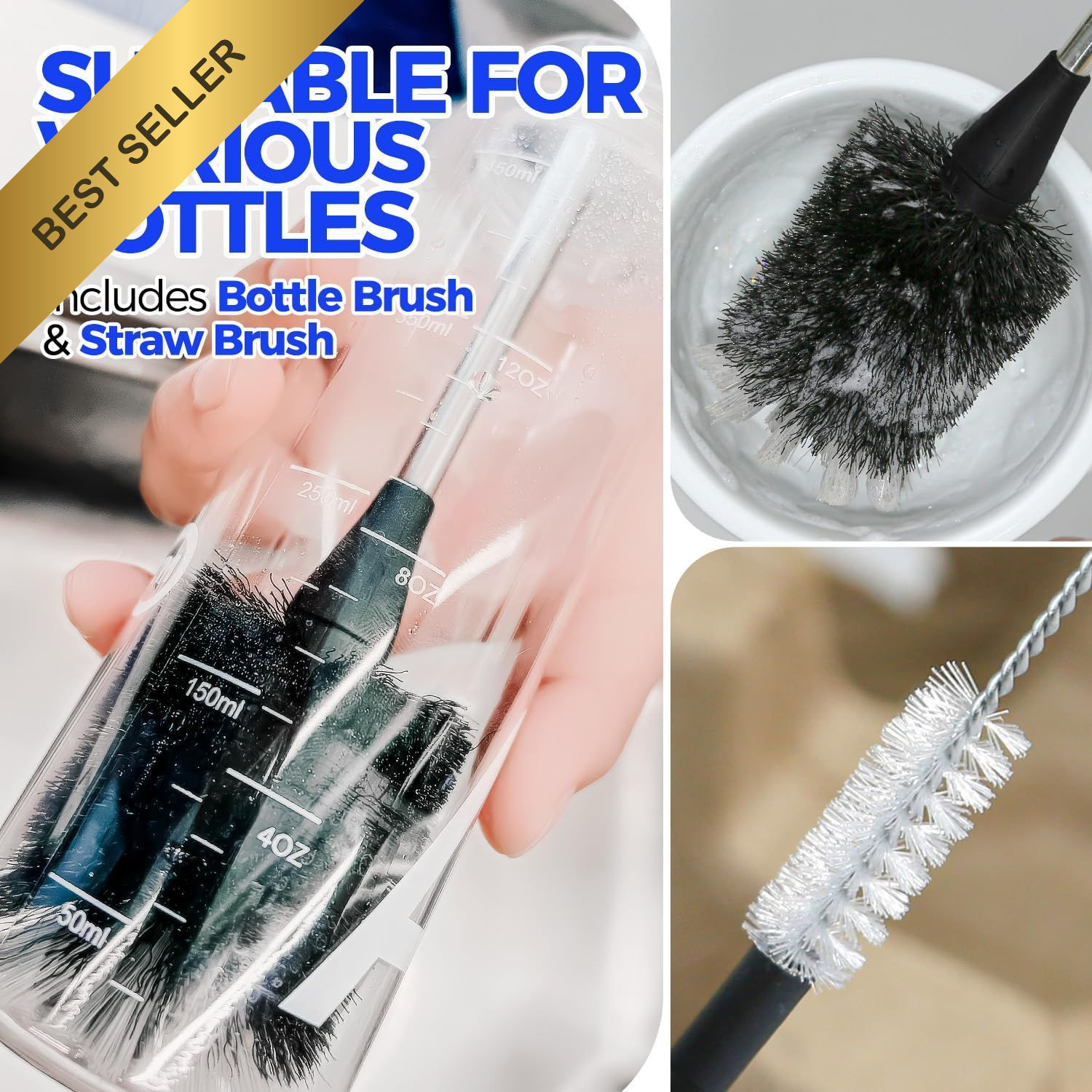 Holikme Bottle Brush Set 4 Pack 14 Inch Stainless Steel Straw Cleaner Black Kit