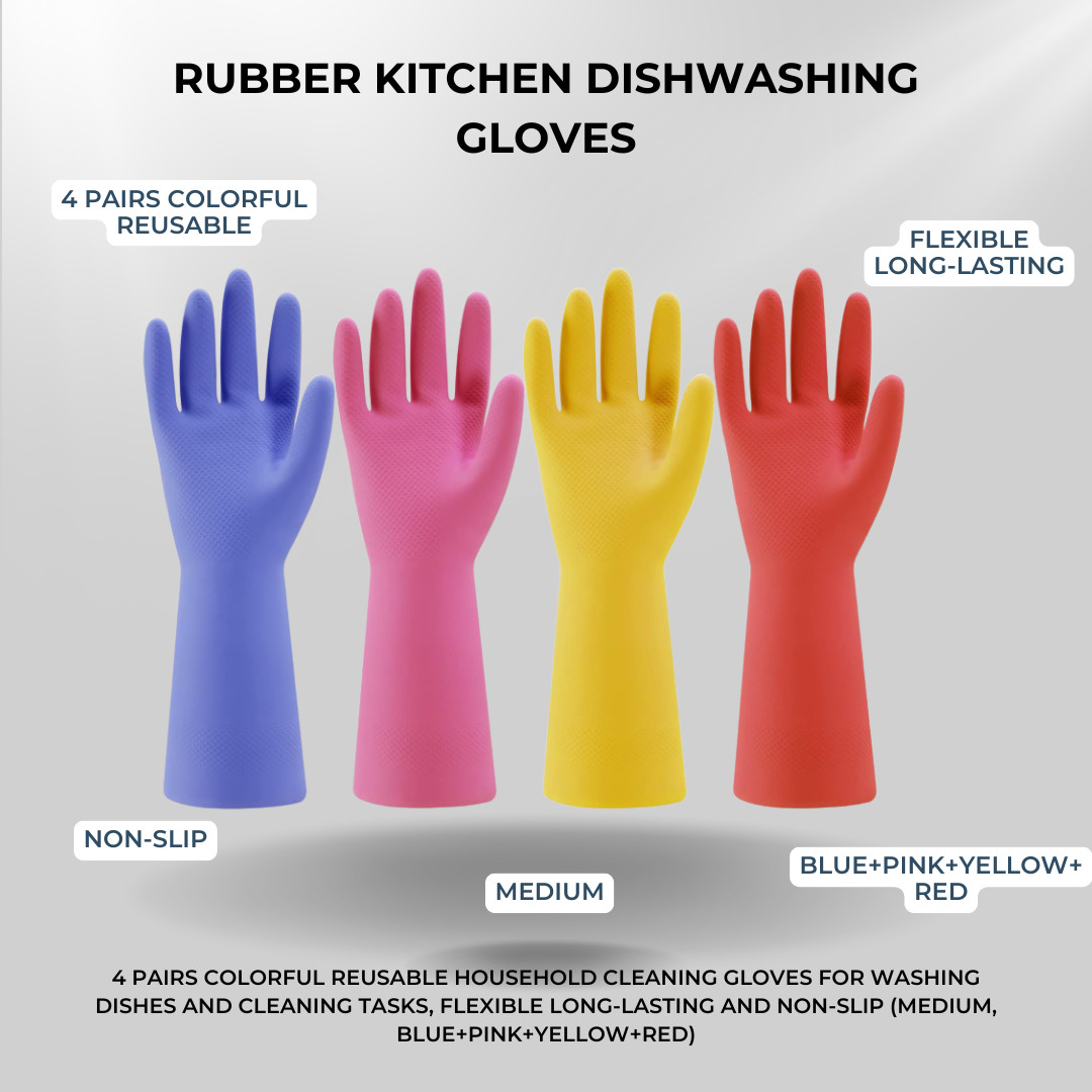 Colorful Rubber 4 Pairs Medium Reusable Kitchen Gloves Dishwashing & Cleaning