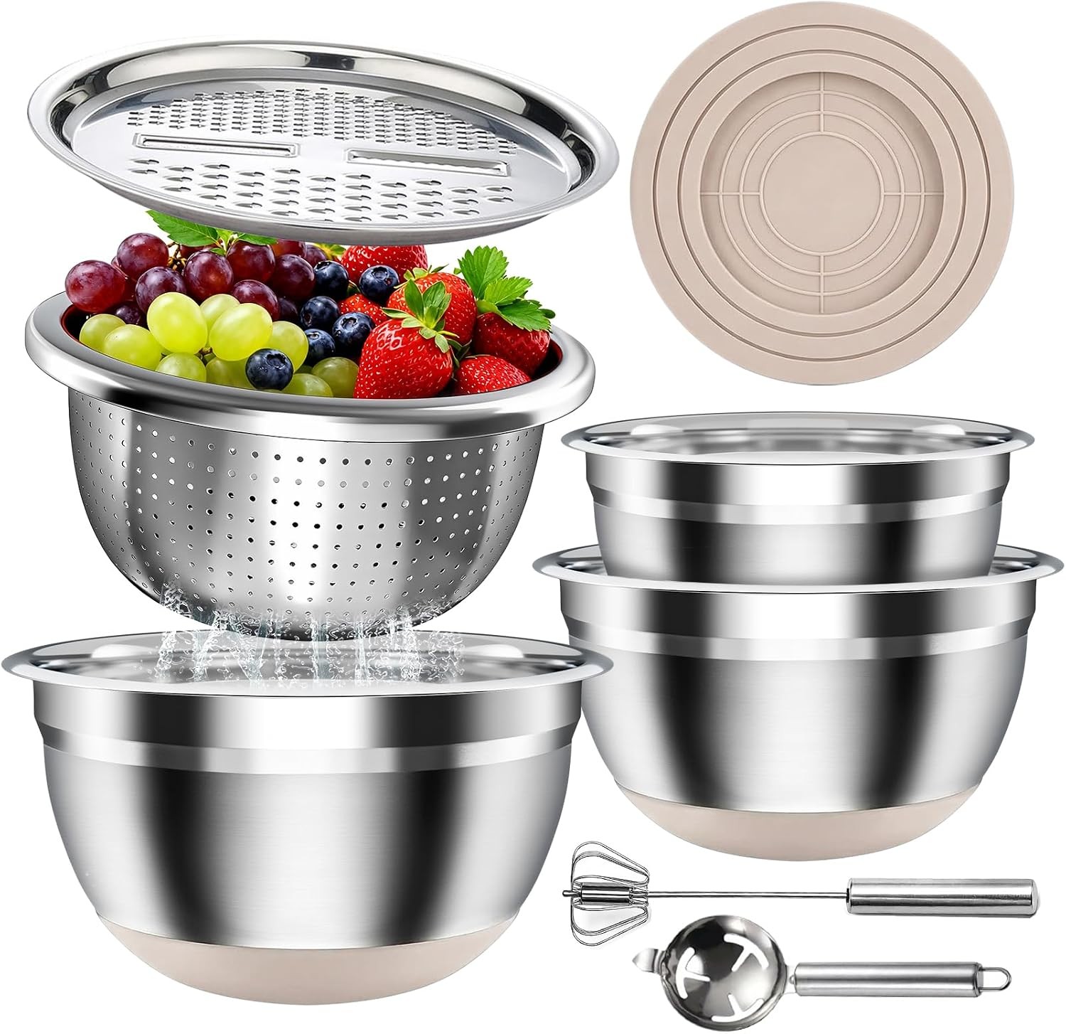 Stainless Steel 4 Bowl Set with Lids Silicone Bases Plus Grater Egg Separator