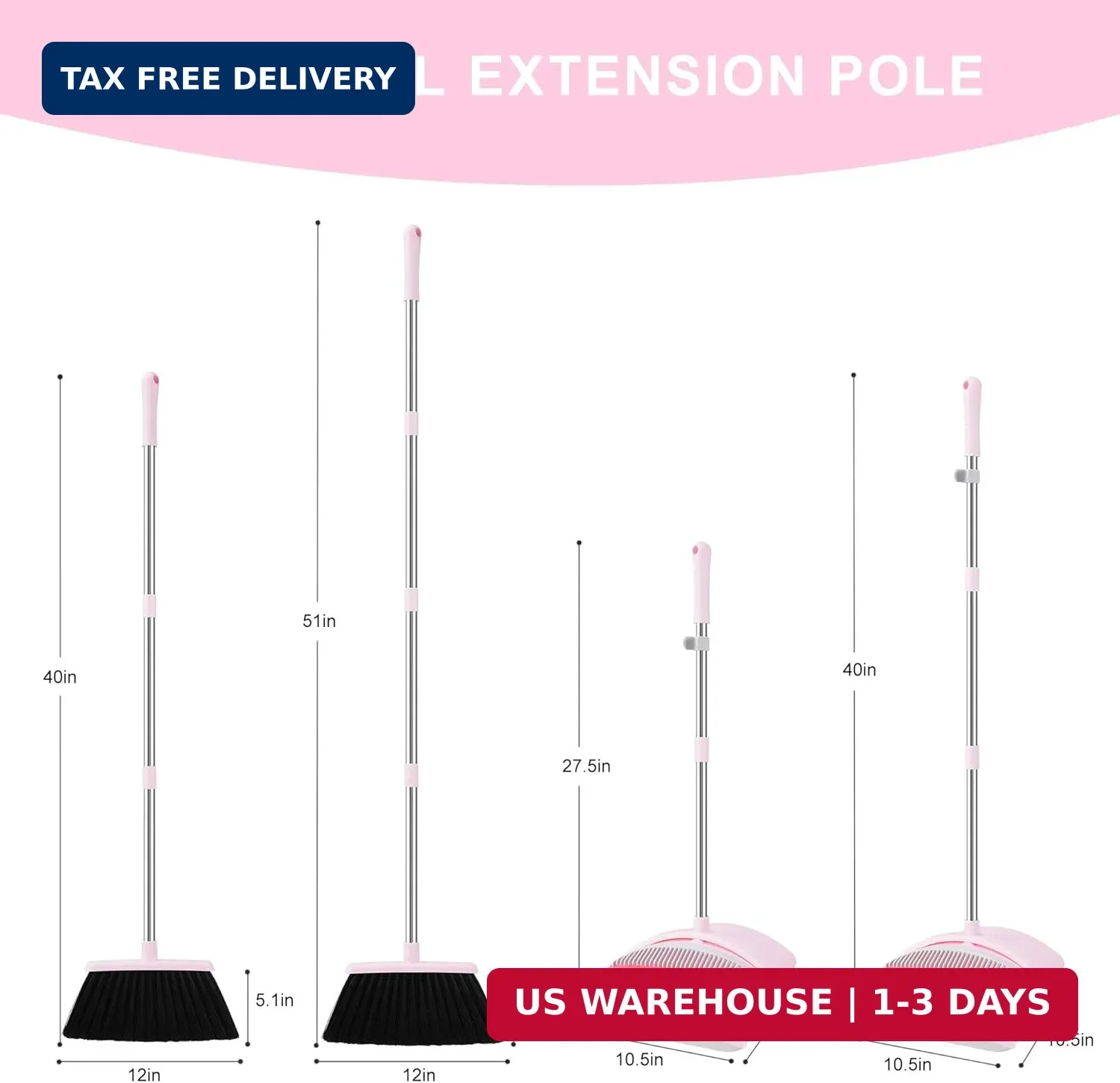 Pink Broom and Dustpan Set for Home, 52-in Long Handle Broom with Dustpan Combo