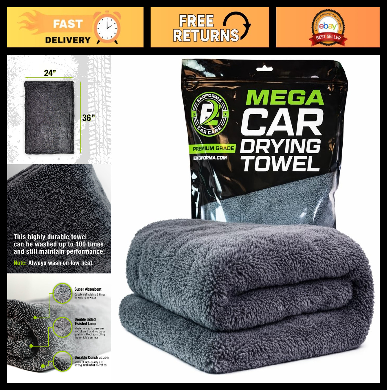 Ultra-Absorbent Car Drying Towel – 1200 GSM Microfiber, Streak-Free, 24”x36