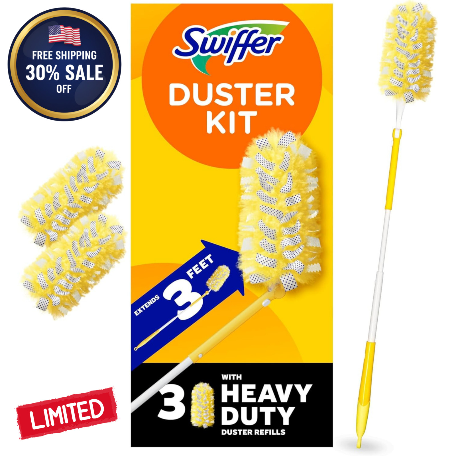 Extendable Duster Kit 3 ft Handle Heavy Duty 3 Refills Ceiling Fans Vents Dustin