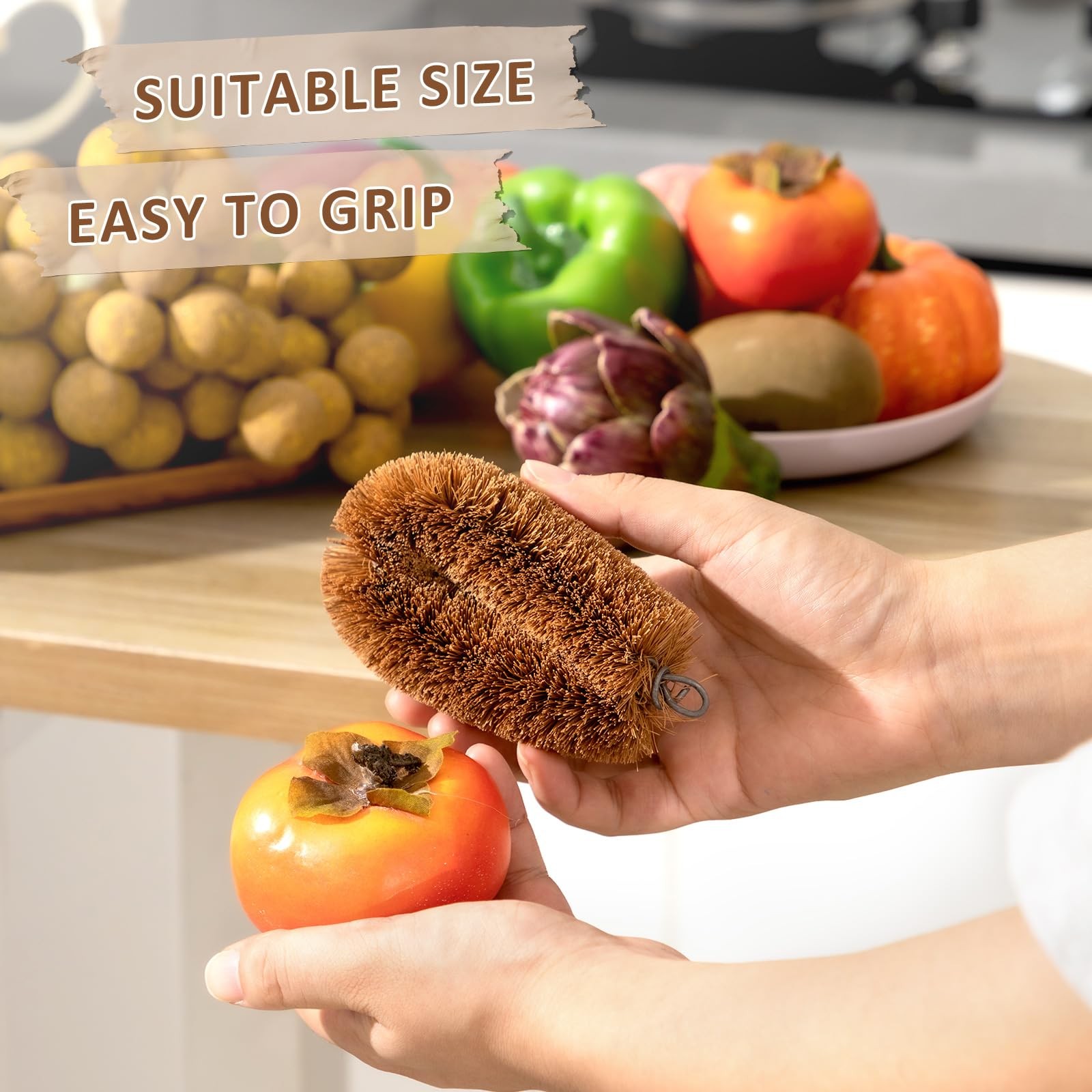 Sawysine 4 Pcs Tawashi 100% Natural Coconut Coir Fiber Brush, Vegetable Brown