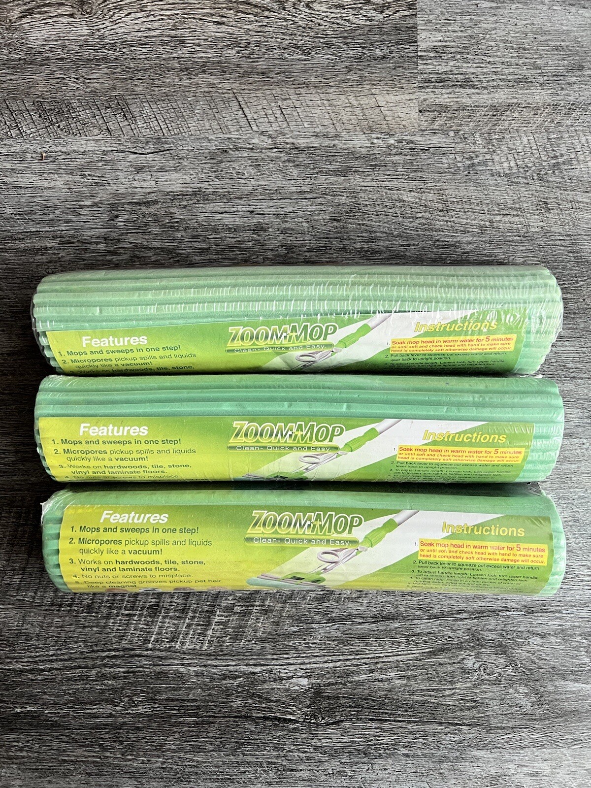 3x NEW Sealed ZOOM Mop Refill Replacement Head Green FAST/FREE SHIPPING