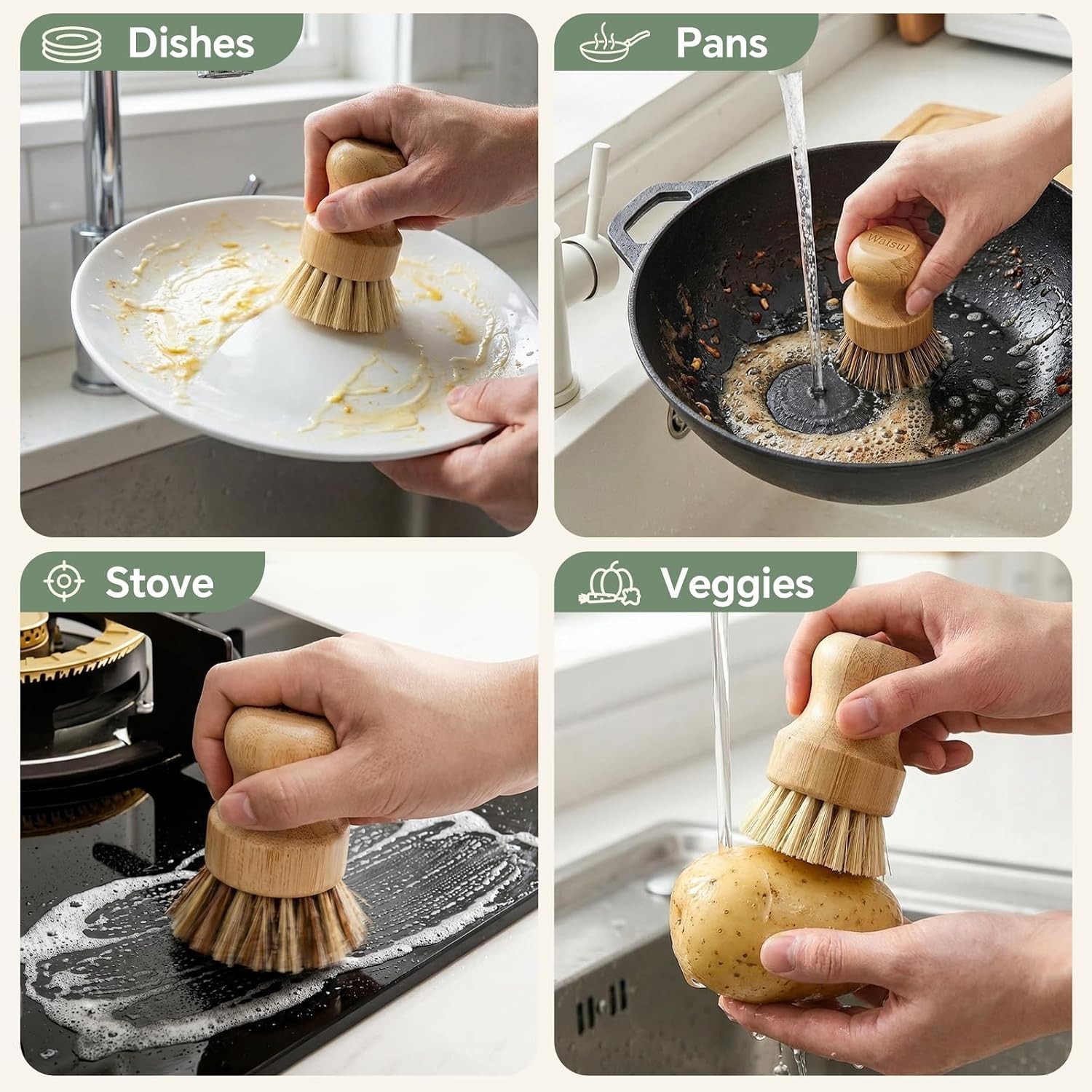Dish Scrubber Brush Set Bamboo 4 Pack Eco Friendly Nonstick Friendly