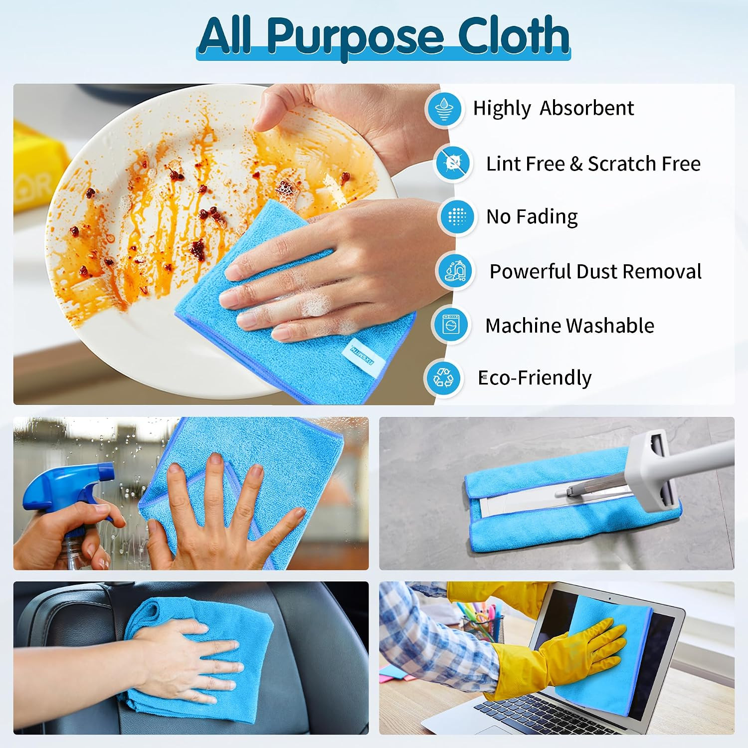Blue Microfiber Cleaning Cloth -Pack of 8, Highly Absorbent Cleaning Rags, 16″X1