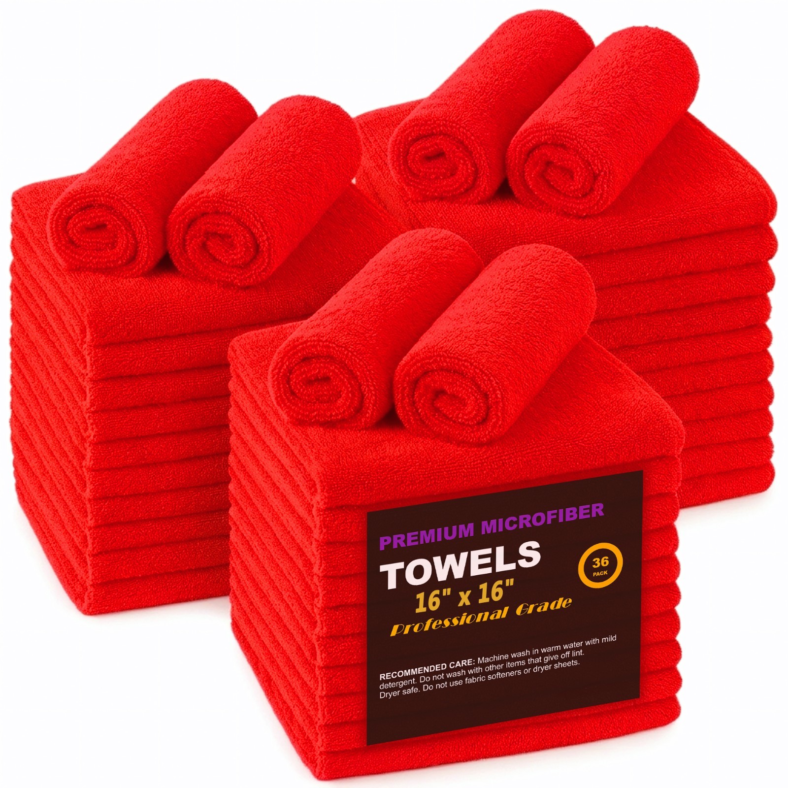 Microfiber Cleaning Cloths 36-Pack 16×16 inch Wash Towels 3 Dozen Car Rags Red