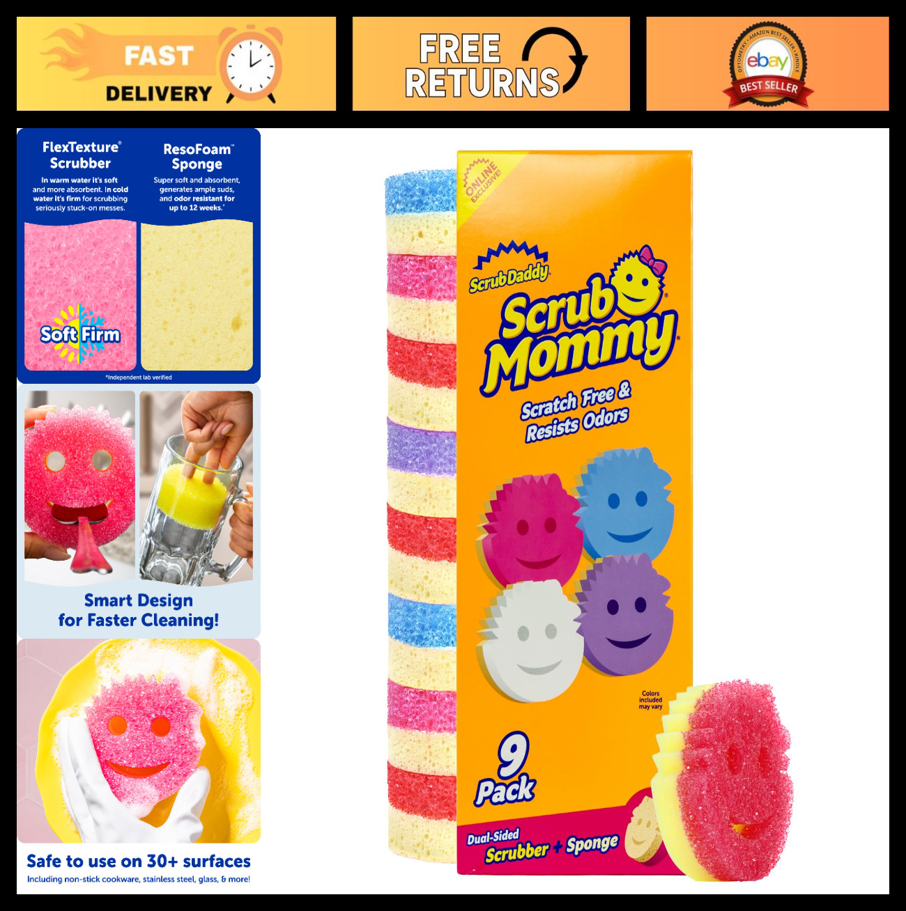 Dual-Sided Kitchen Sponges for Dishes & Spills – Multi-Colored Scrubber Pack (9