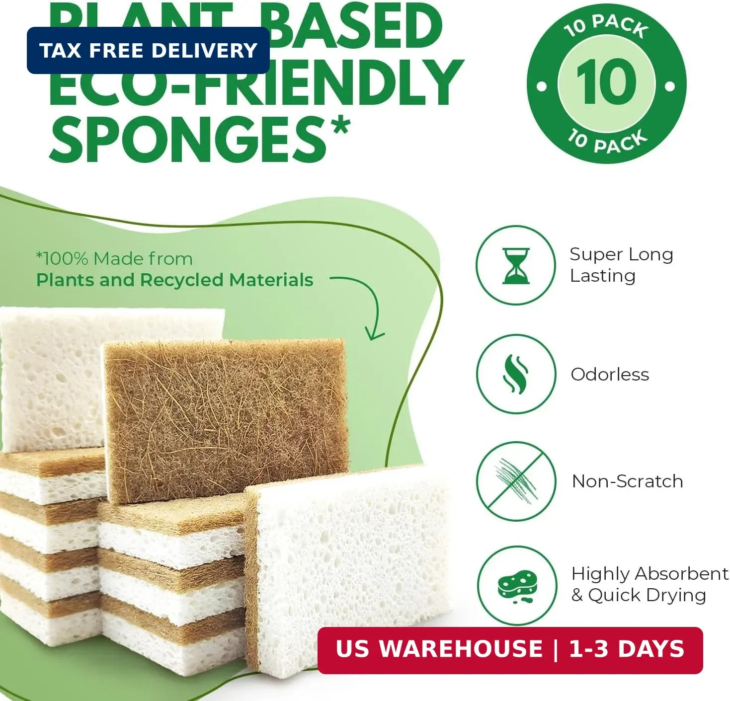 10 Pack Biodegradable Natural Kitchen Sponge – Compostable Cellulose and Coconut