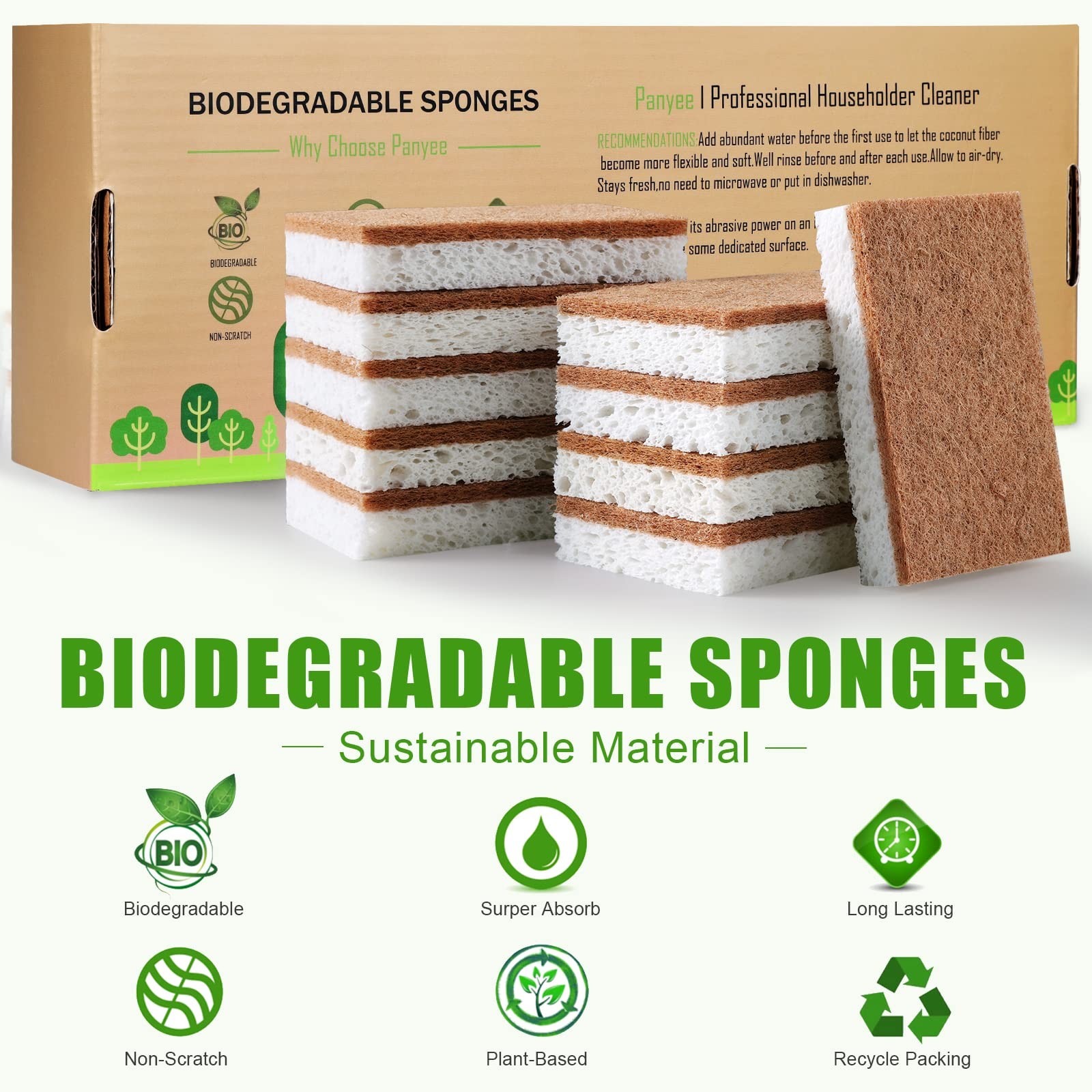 Biodegradable Natural Kitchen Sponge，Eco Friendly Sponges for Dishes,Composta…