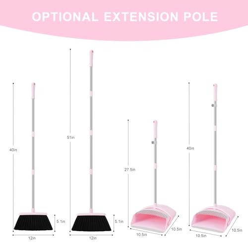 Pink Broom and Dustpan Set, 52-in Handle Broom Dustpan Combo Set Pink&grey