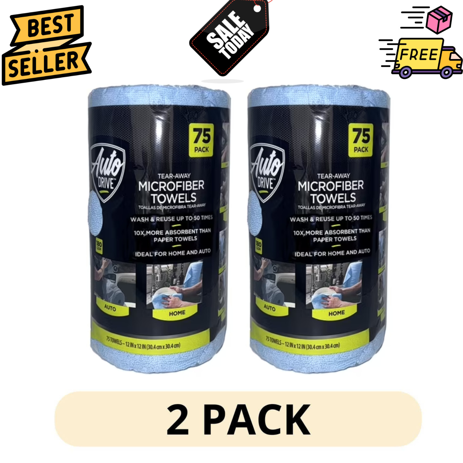 2Pack Auto Drive Tear Away Multi Purpose Microfiber Towel Roll 75 Pack