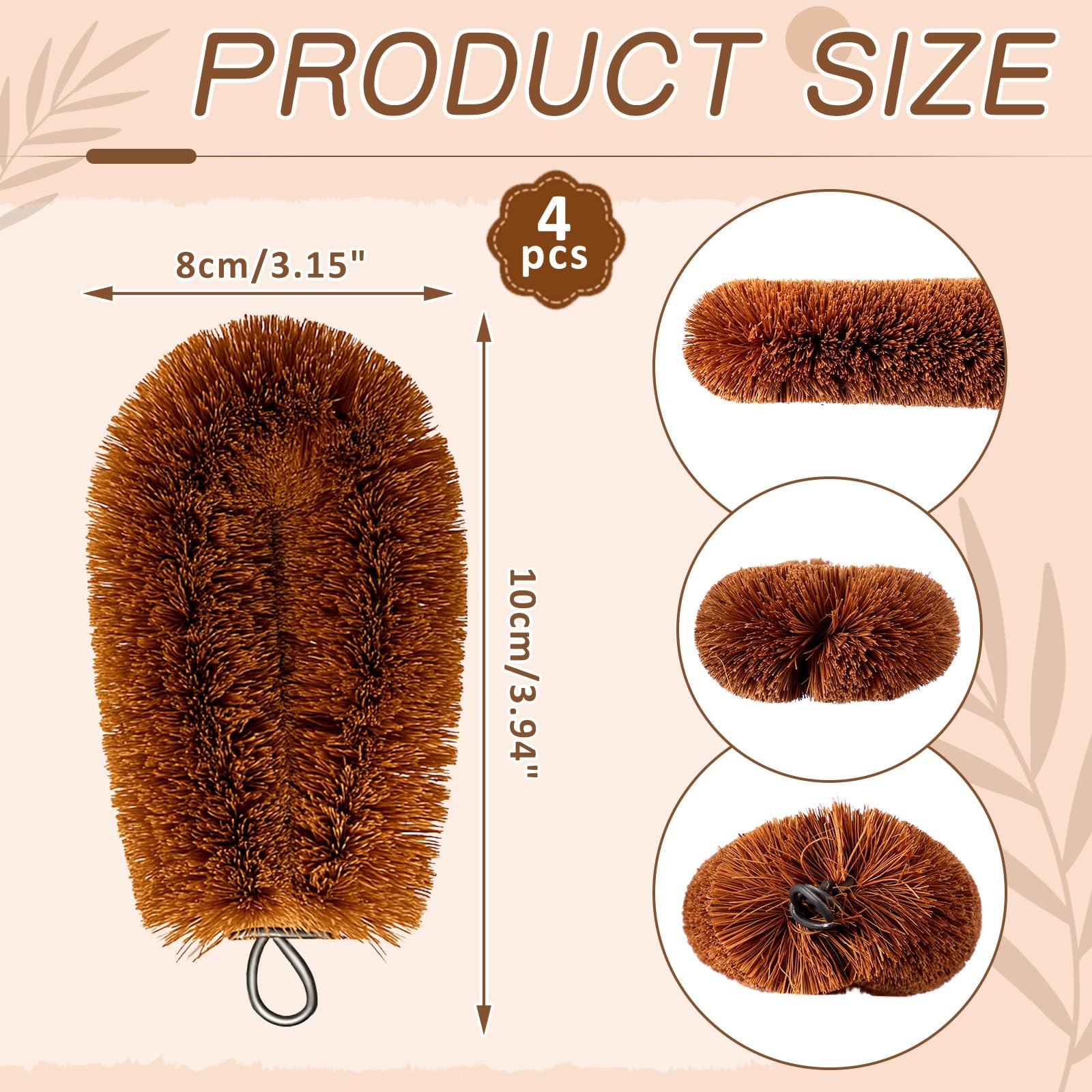 Sawysine 4 Pcs Tawashi 100% Natural Coconut Coir Fiber Brush, Vegetable Brown