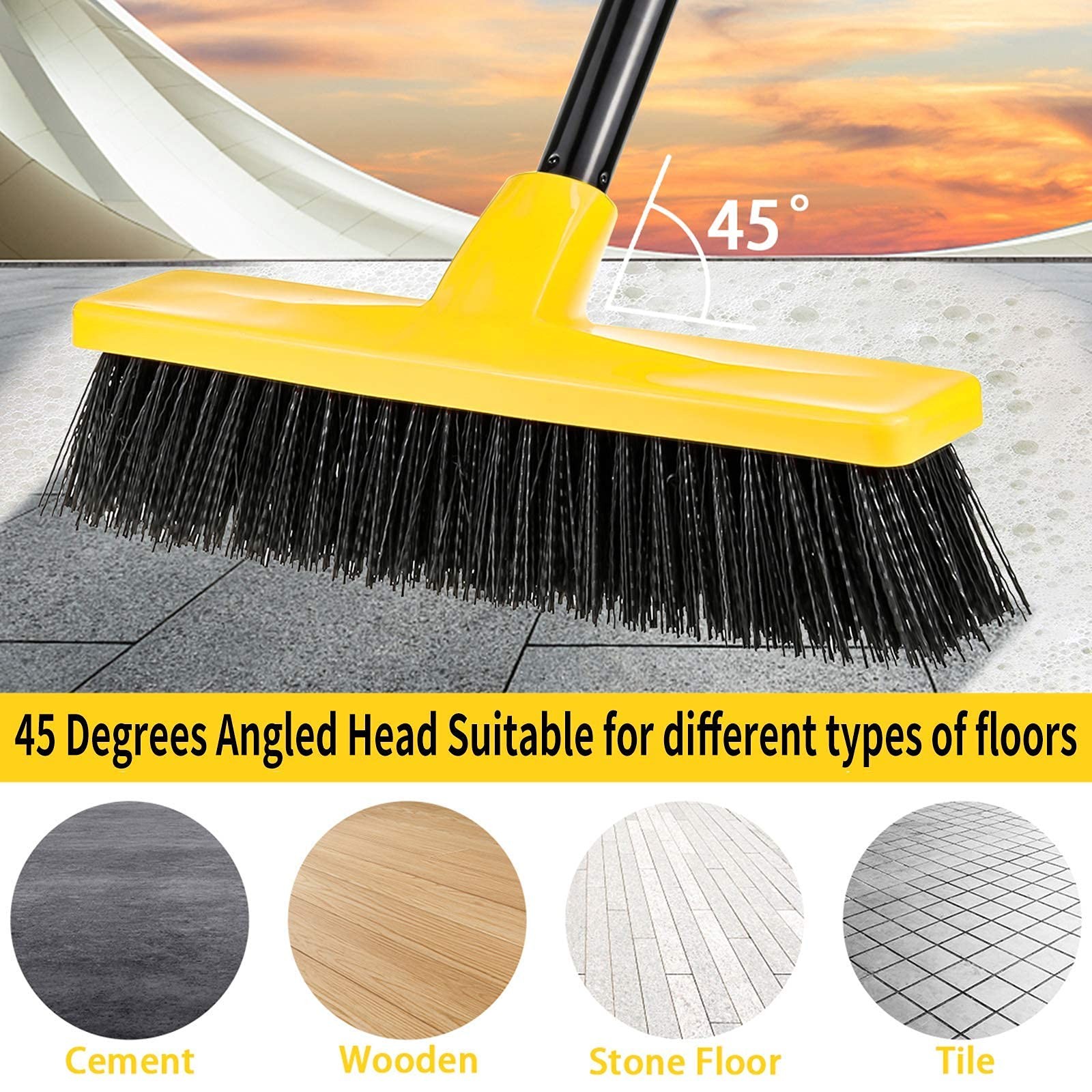 Push Broom Outdoor Indoor 12″ Wide,50″ Long Handle with Yellow Pp