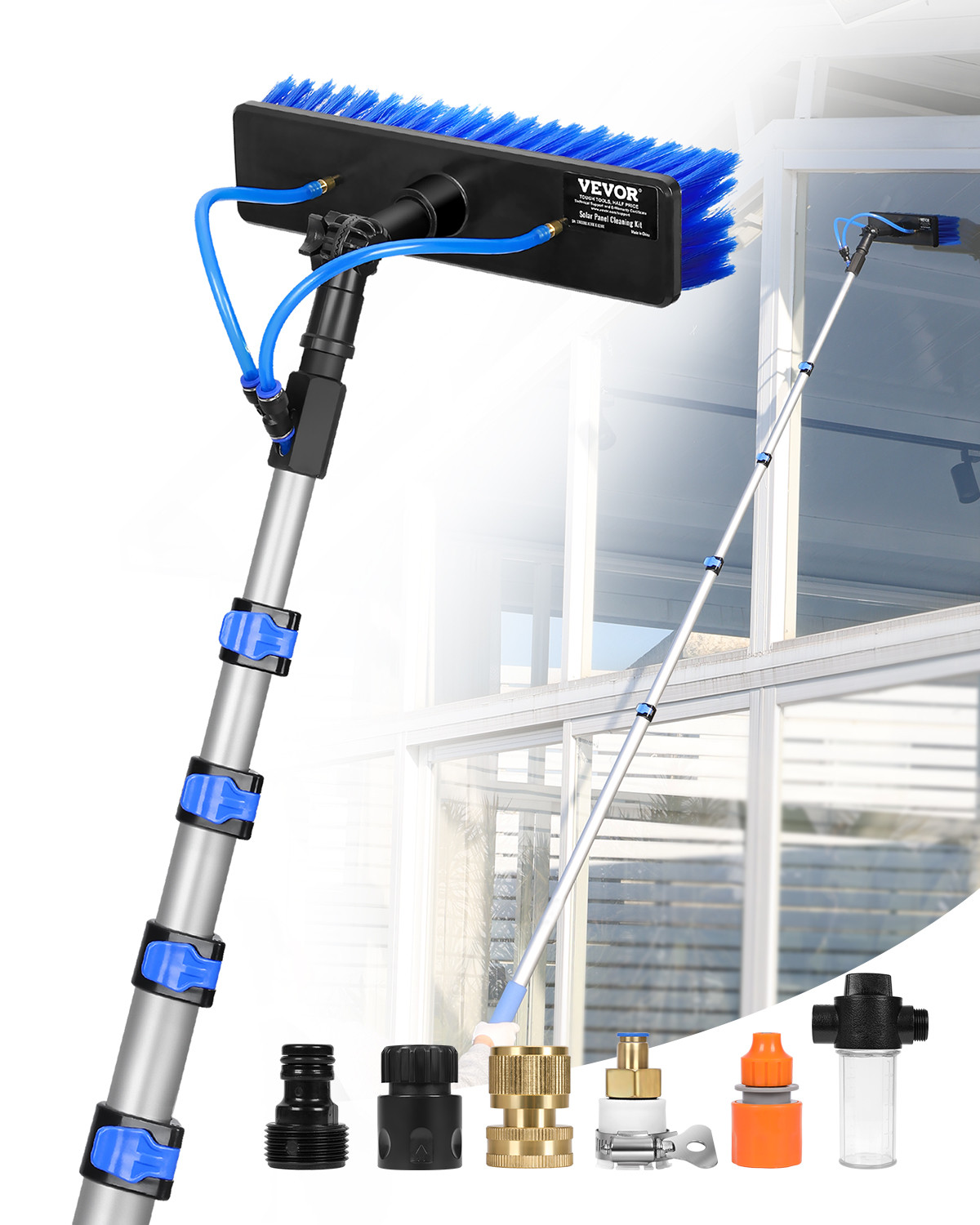 Water Fed Pole Kit 30FT Solar Panel Cleaning Pole 180° Rotatable Brush Head