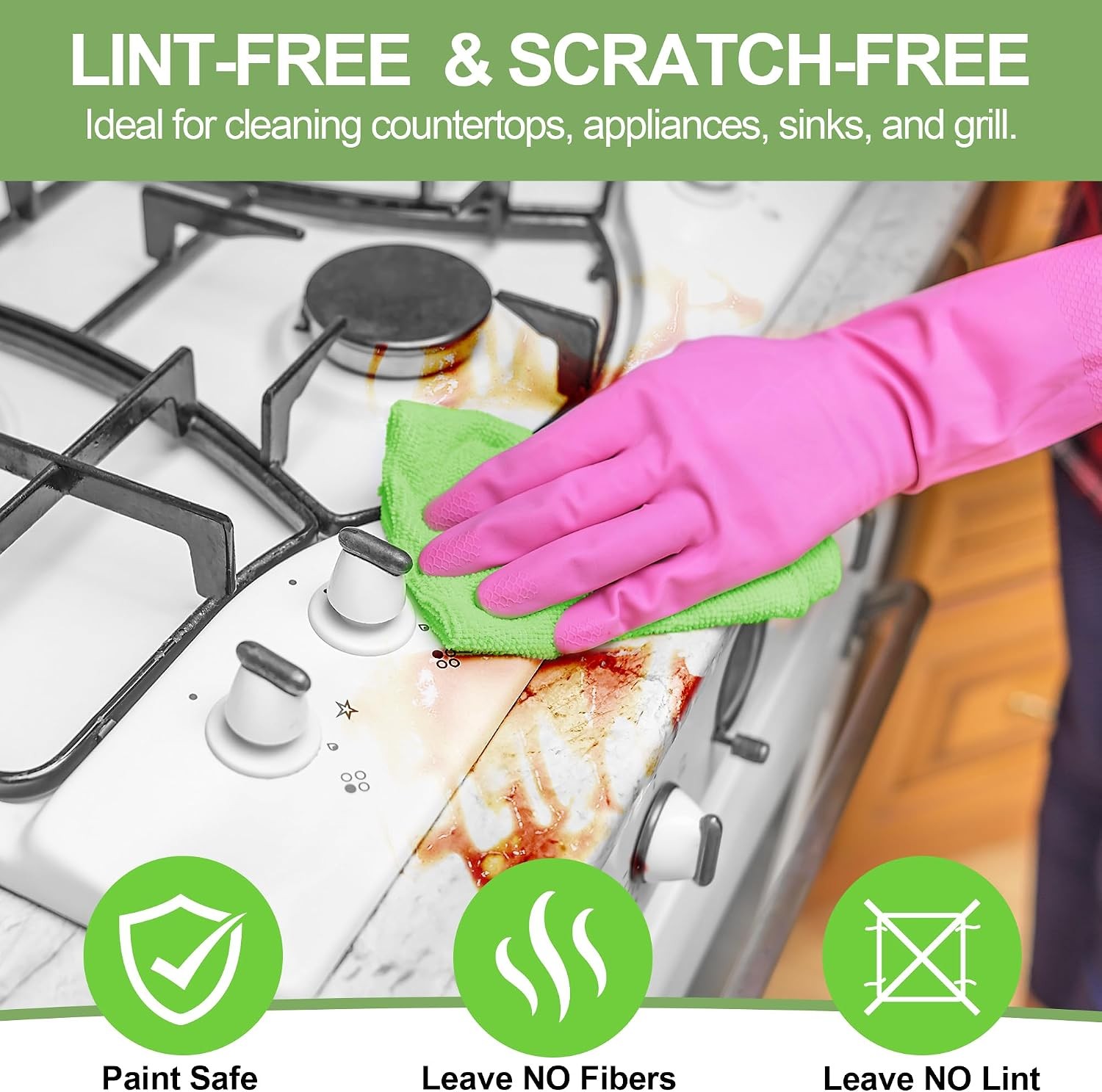 Microfiber Cleaning Cloth, 12 Pack Green Cleaning Rags,12″ X 11″ Lint Dish