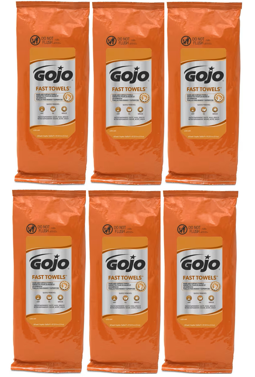 GOJO 6285 FAST TOWELS Hand & Surface dirt oil grease 9″x10″, Case of 6 (60ctx6)