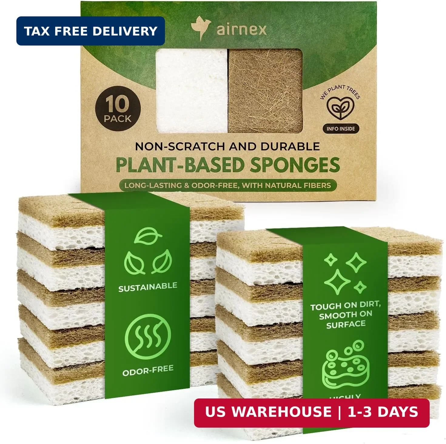 10 Pack Biodegradable Natural Kitchen Sponge – Compostable Cellulose and Coconut