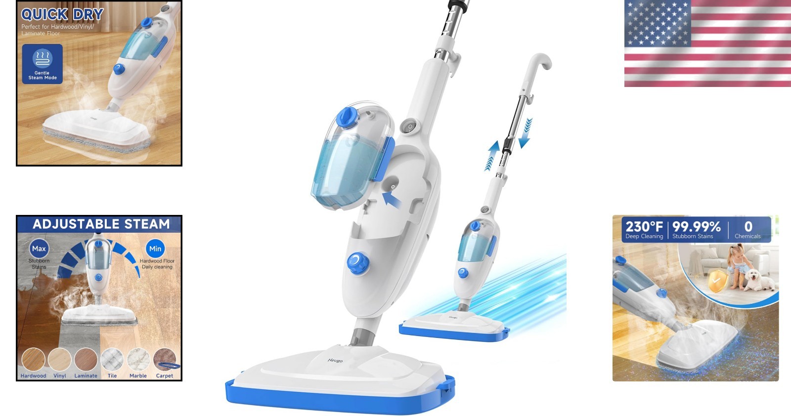 Steam Mop for Hardwood Floors Vinyl Tile Laminate Carpet Deep Clean 2 Washabl…
