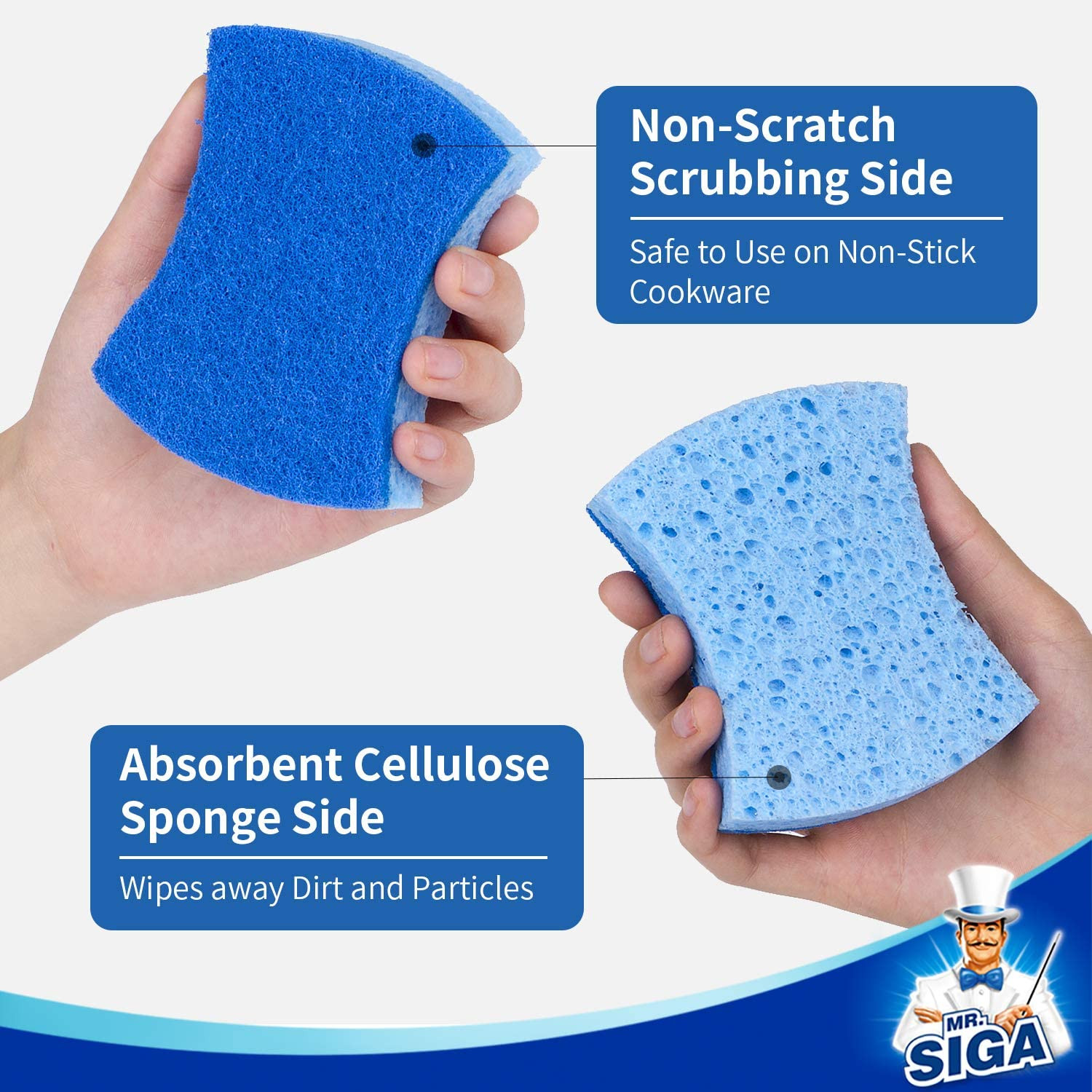 MR.SIGA Non-Scratch Cellulose Scrub Sponge, Dual-Sided Dishwashing Sponge for Ki