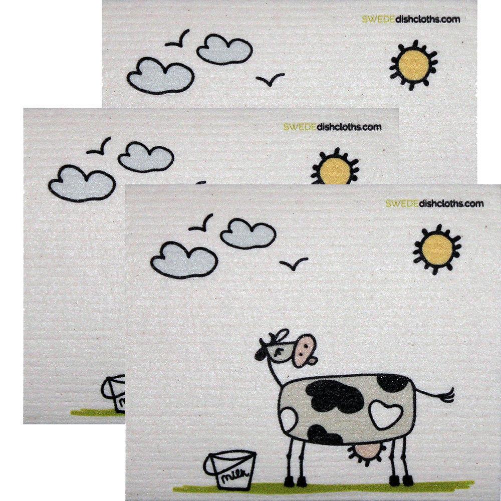 Swedish Dishcloth Set of 3 each Swedish Dishcloths Fun Cow in Sun Design