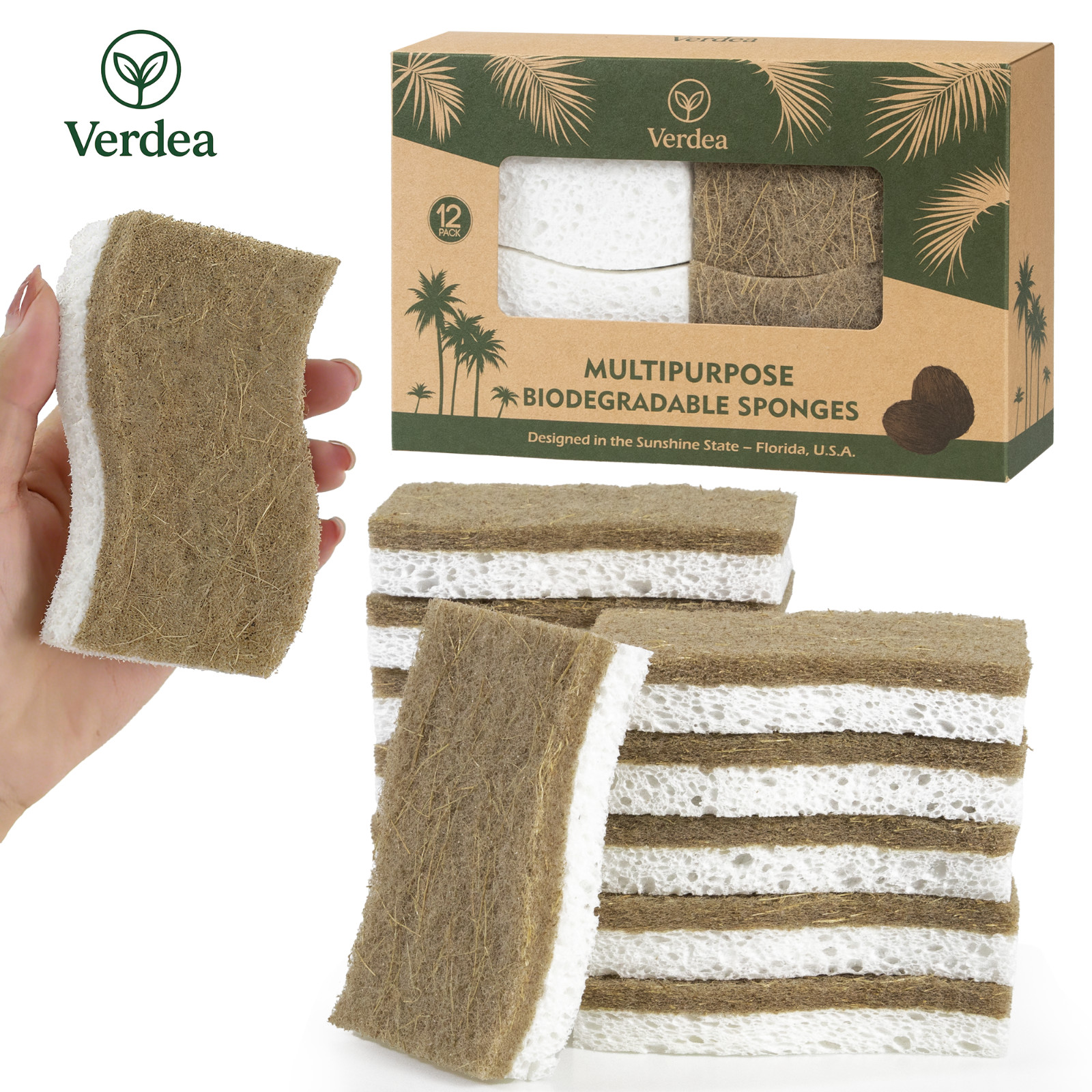 Verdea Natural Coconut Dish Sponges – Eco-Friendly Biodegradable Scrubbers