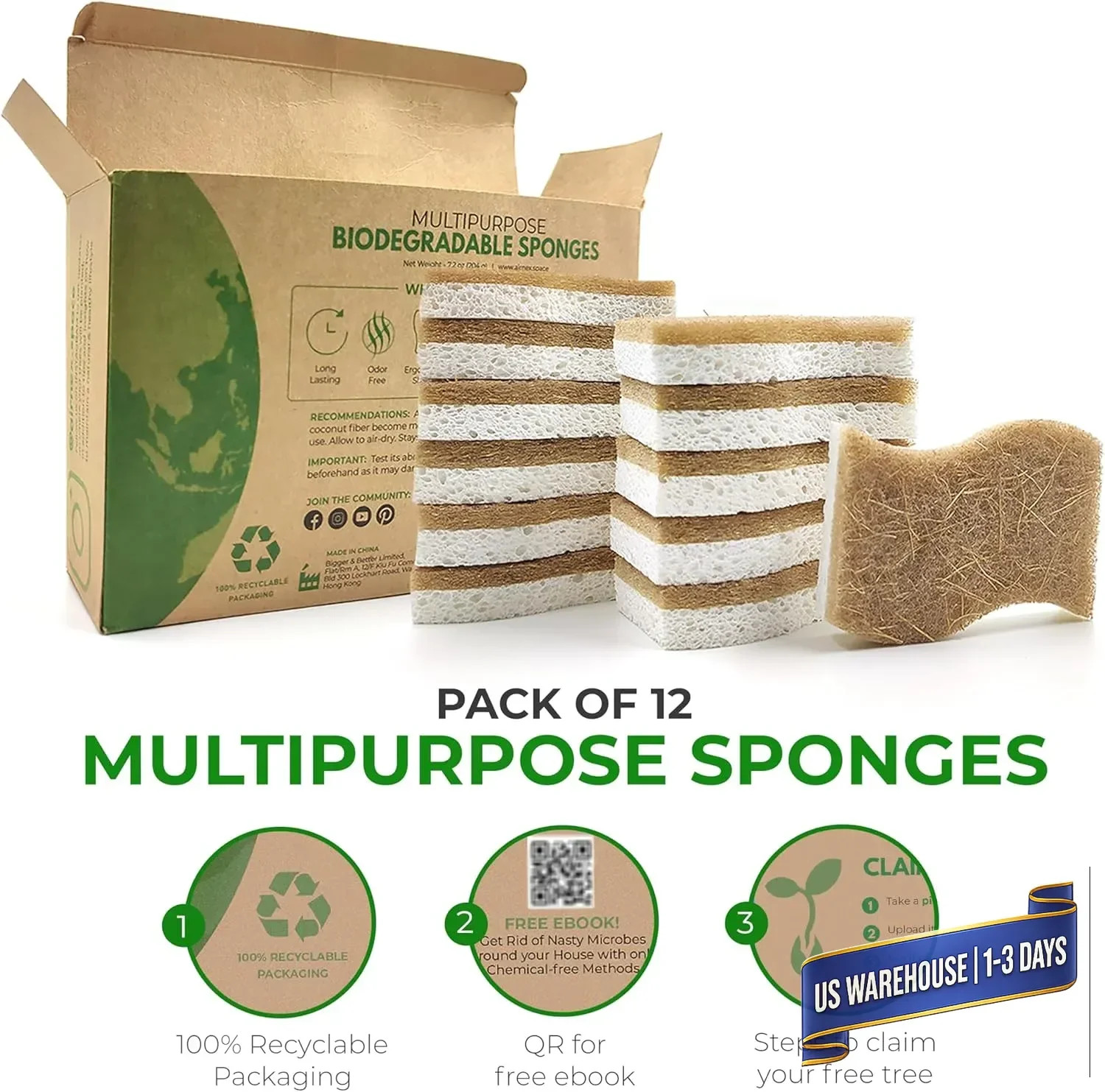 AIRNEX Natural Kitchen Sponges (12 Pack) – Biodegradable Cellulose & Coconut Scr