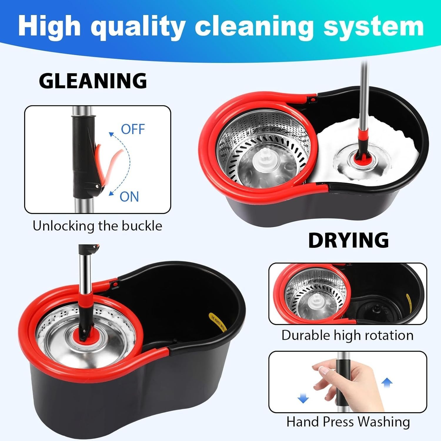 Spin Mop and Bucket with Wringer Set 360 Floor Cleaning 3 Microfiber Heads Black