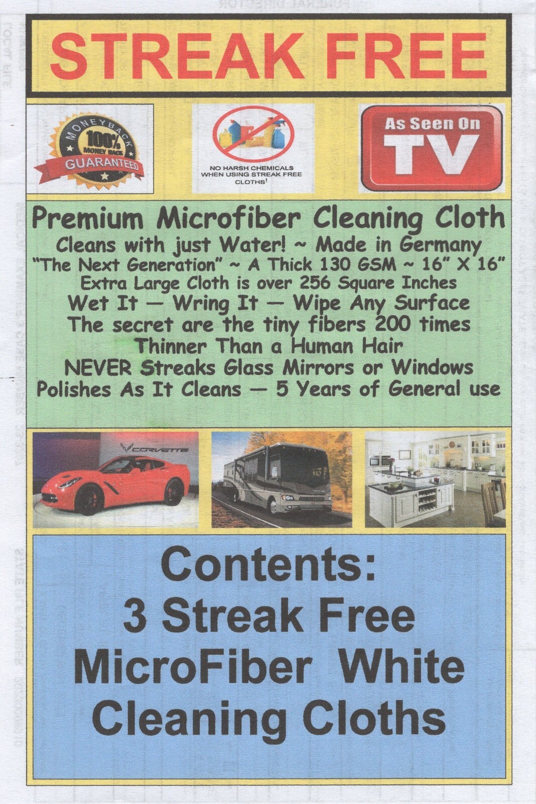 Streak Free MicroFiber Cleaning Cloths 3 Pack FREE Shipping! Made in Germany!