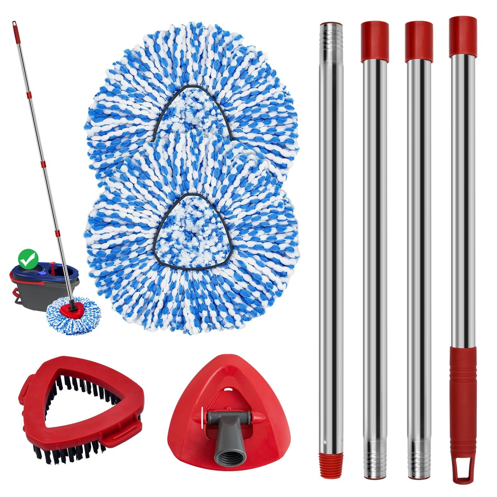 Spin Mop Replacement Set – Stainless Steel Handle, 2 Reusable Mop Heads & Base,