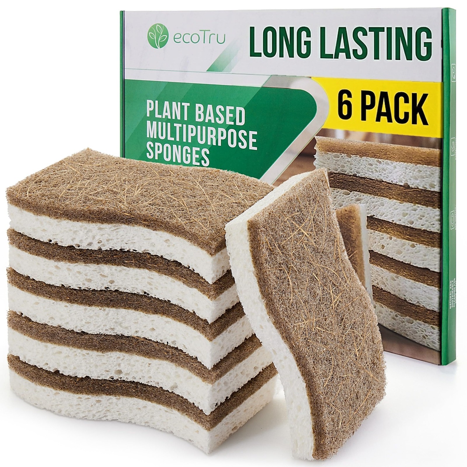 6 Pack Natural Kitchen Sponges, Compostable White Cellulose & Organic Coconut…