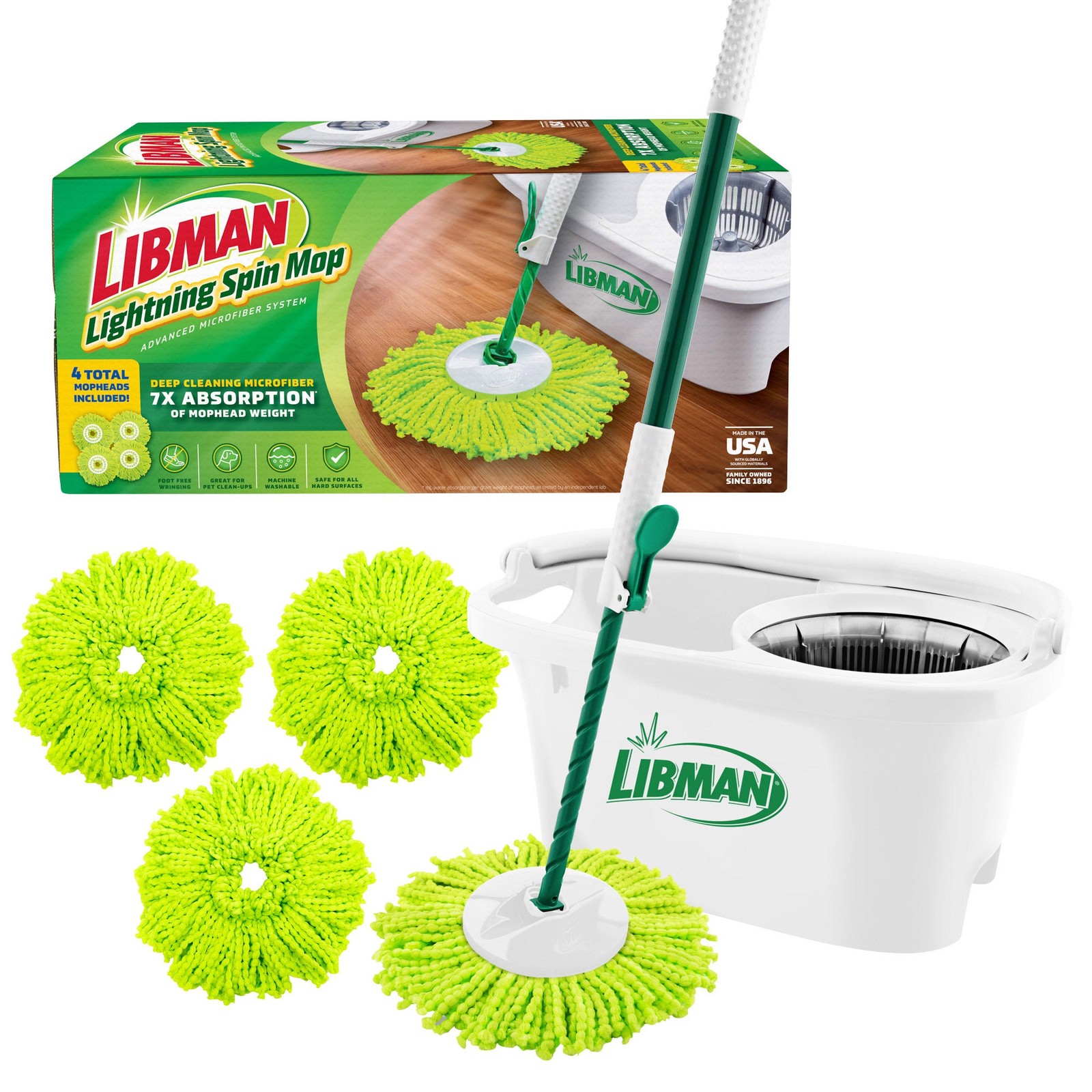 Libman Lightning Spin Mop System Plus 3 Refill Head | and White Bucket