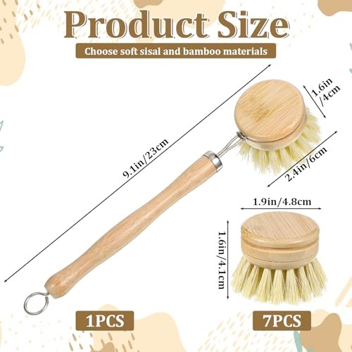 8 Pcs Bamboo Dish Brush with Handle, Natural Sisal Bristle Scrubber Includes 7